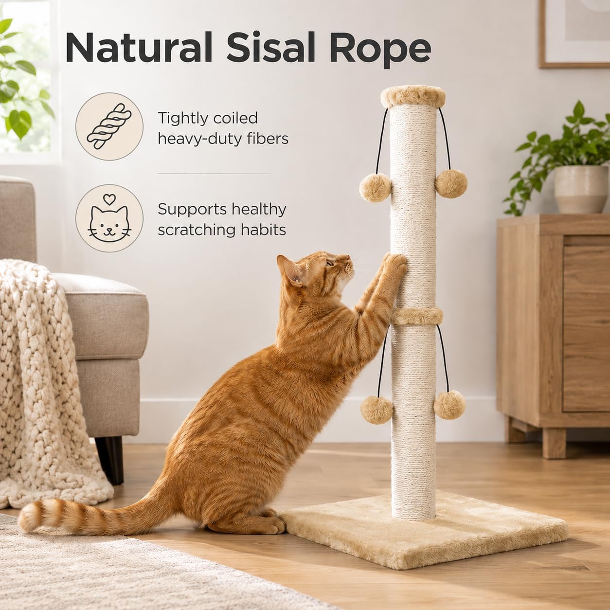 Dimaka 29'' Cat Scratching Post, Natural Sisal Rope Scratcher Post, Kitten Claw Scratch with 4 DanglingToy Balls for Large Cats (Grey)