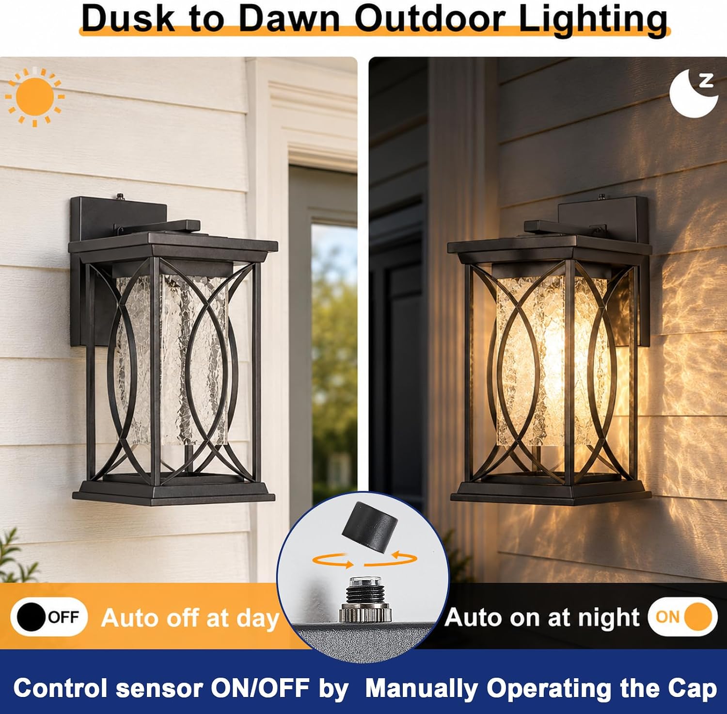 Dusk to Dawn Modern Outdoor Coach Lantern Exterior Light Fixtures Black Aluminum with Crack-Like Glass Waterproof Wall Sconce Mission Outside Light