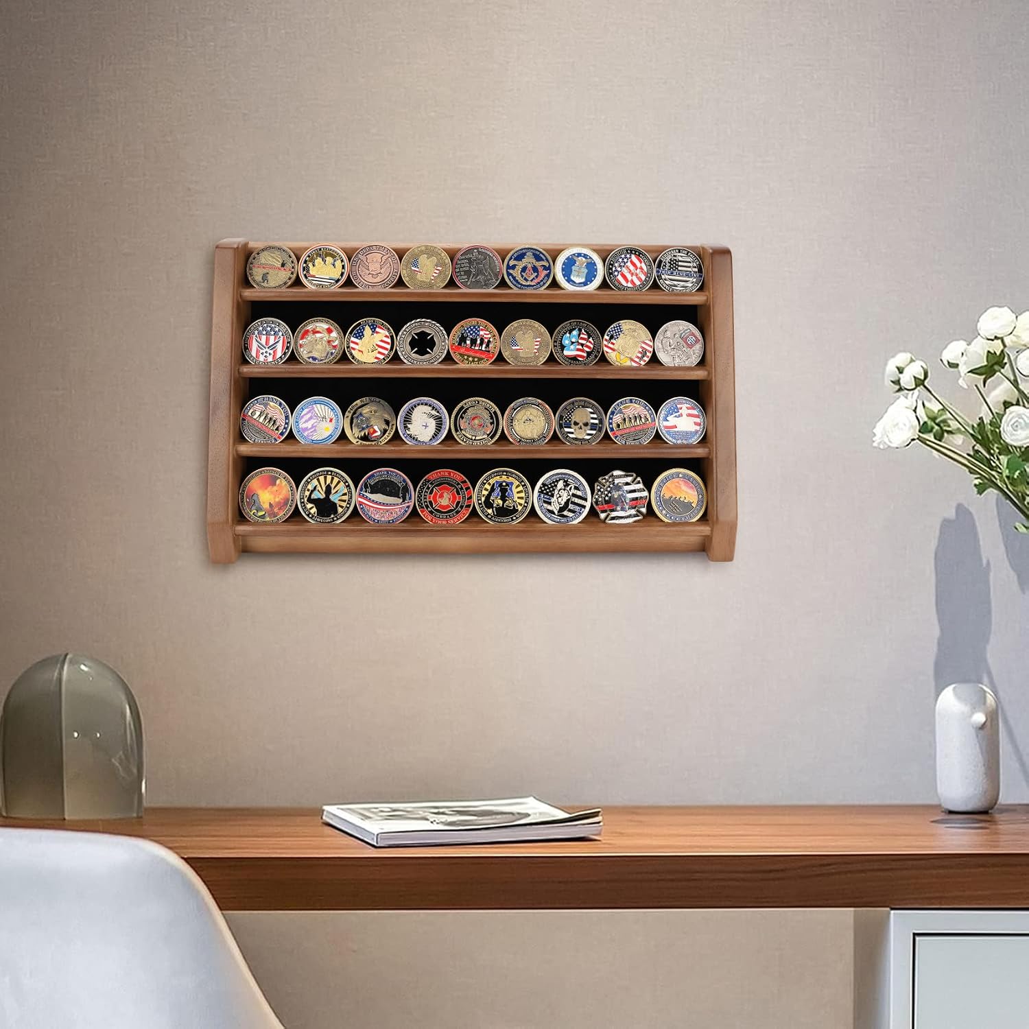 ASmileIndeep 3 Rows Wooden Challenge Coin Wall Display Stand - Military Coin Holder Army Coins Rack, Holds 21-24 Coins, Mahogany