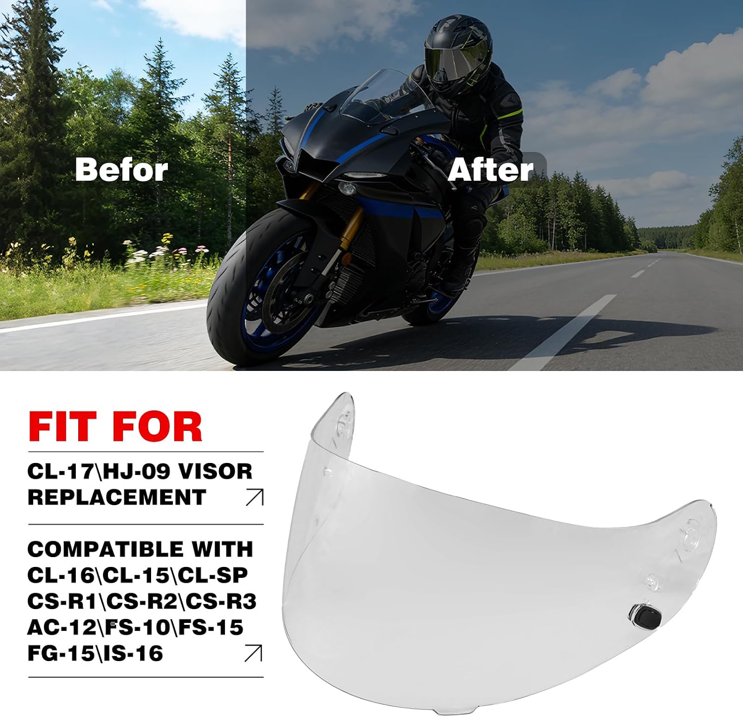 VCOROS Motorcycle Helmet Face Shield Visor Repalcement for HJ-09 CL-15 CL-17 CL-16 CL-SP AC-12 FS-10 CS-R1 IS-16 CS-R2 Shield (Smoke)