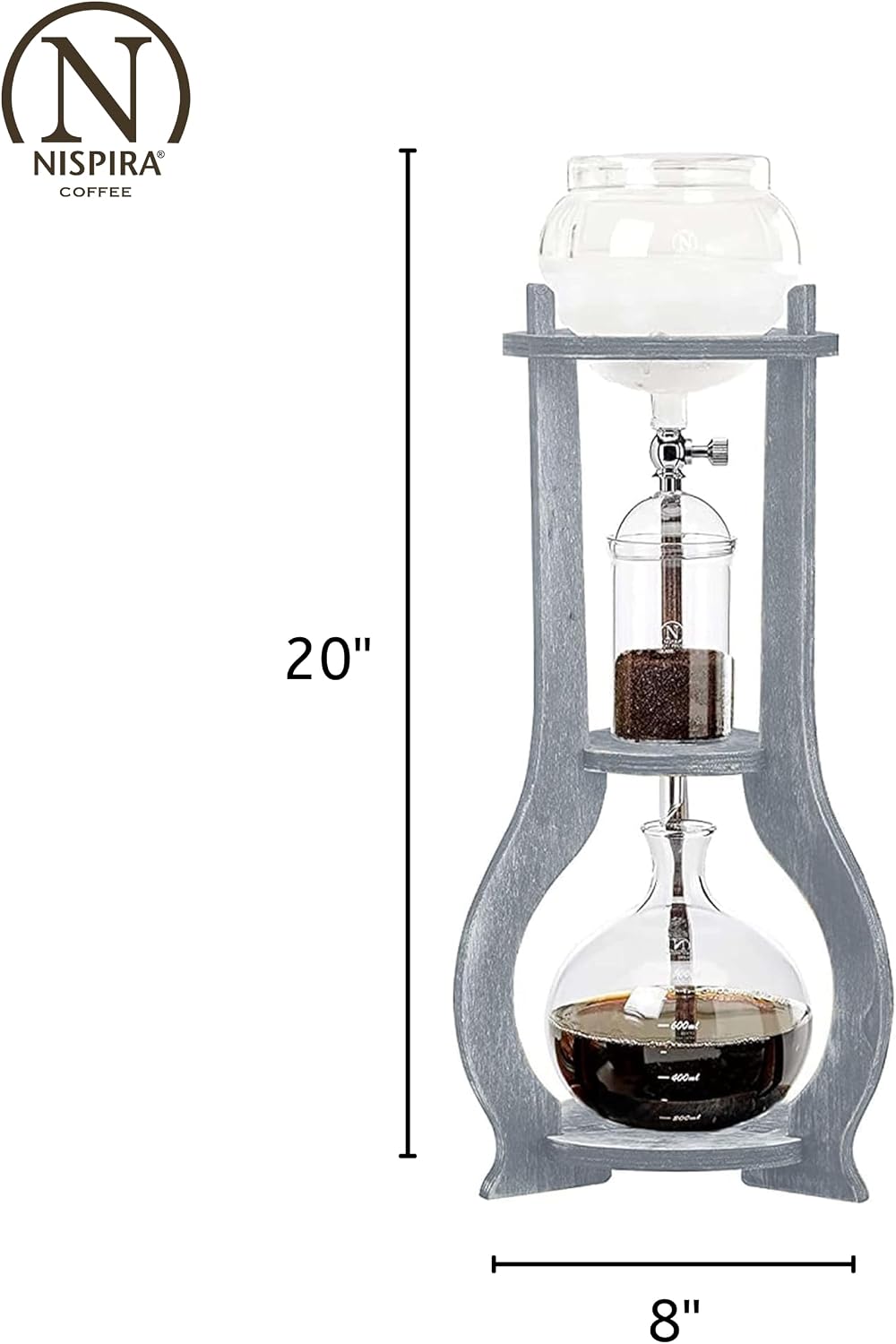 Nispira Iced Coffee Cold Brew Drip Tower Coffee Maker, 6–8 Cup Manual Cold Brew Brewer with Adjustable Valve, Wooden Frame & Glassware, Slow Cold Extraction System