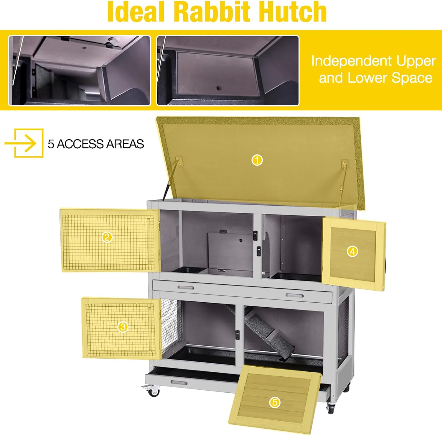Aivituvin Rabbit Hutch, Indoor Bunny Cage with Run Outdoor Rabbit House with Two Deeper No Leak Trays - 4 Casters Include (Grey)