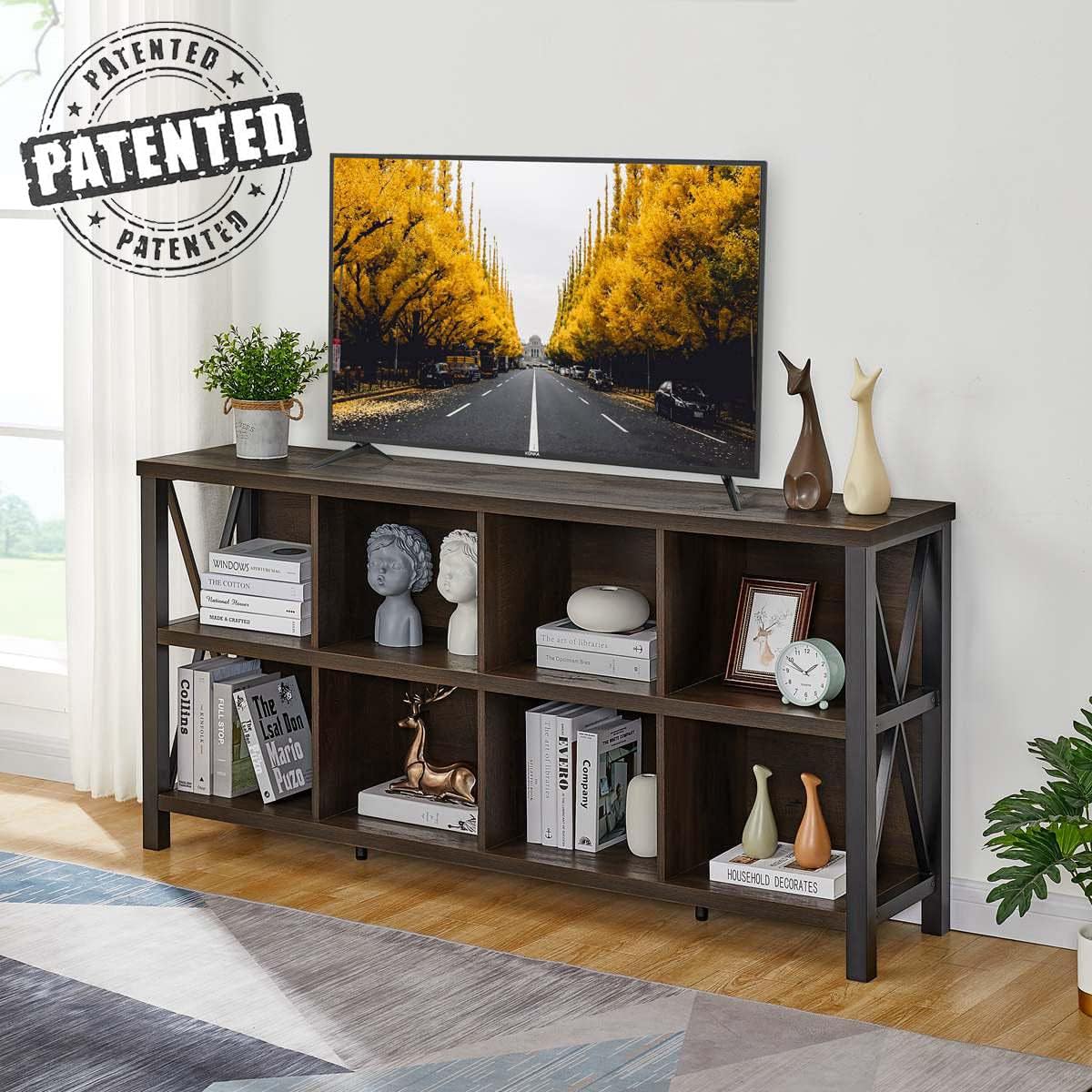 FATORRI 8 Cube Storage Organizer Bookshelf, 62 Inch Wood Horizontal Bookcase, Farmhouse Cube Long Book Shelf