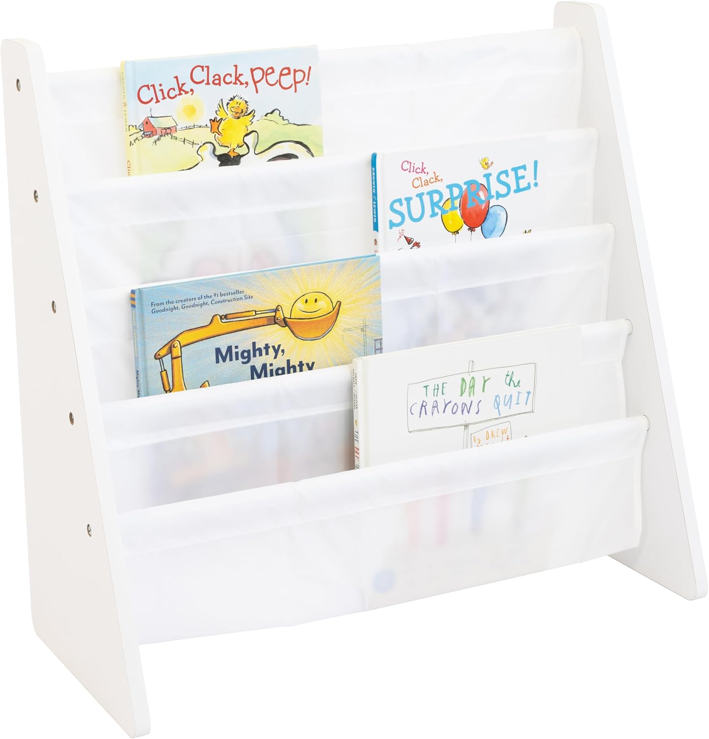 Humble Crew Kids Bookshelf, Montessori Front Facing Toddler Bookcase 4 Tier | Book display rack and reading nook organizer, nylon pockets show covers face out, compact for any playroom or bedroom space