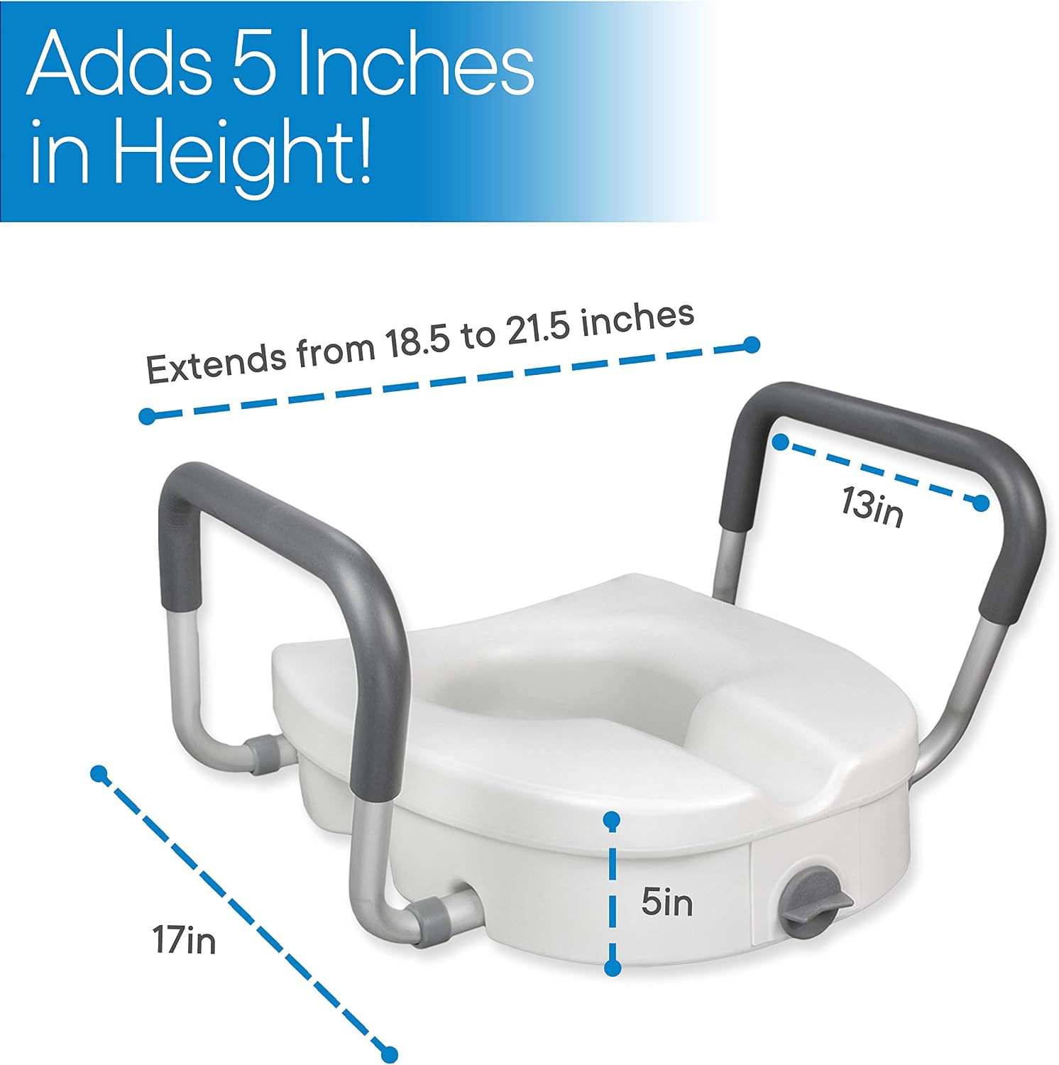 RMS Raised Toilet Seat - 5 Inch Elevated Riser with Adjustable Padded Arms