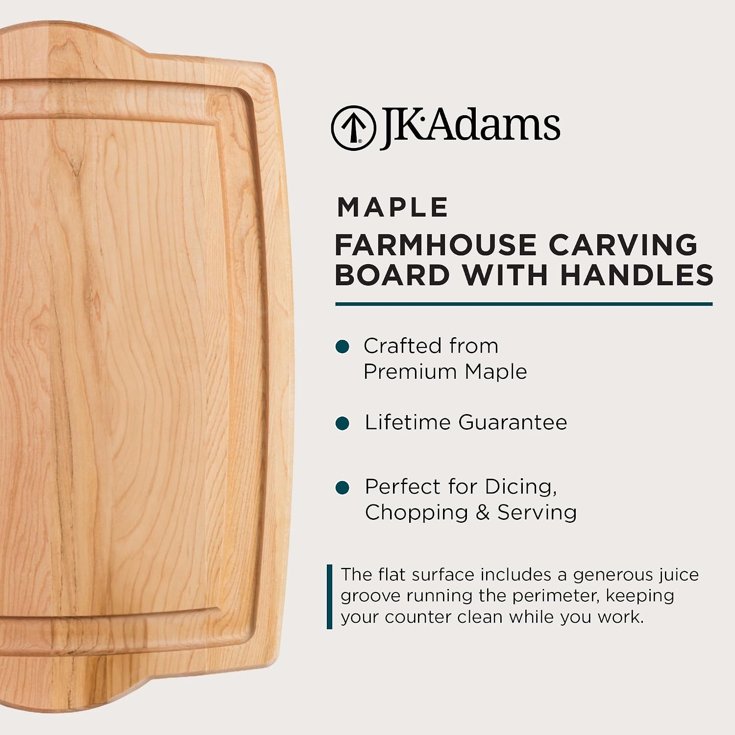 J.K. Adams Farmhouse Carving Board w/ Juice Groove, 14" x 20" | Maple Wood Kitchen Cutting Board for Food Prep and Chopping
