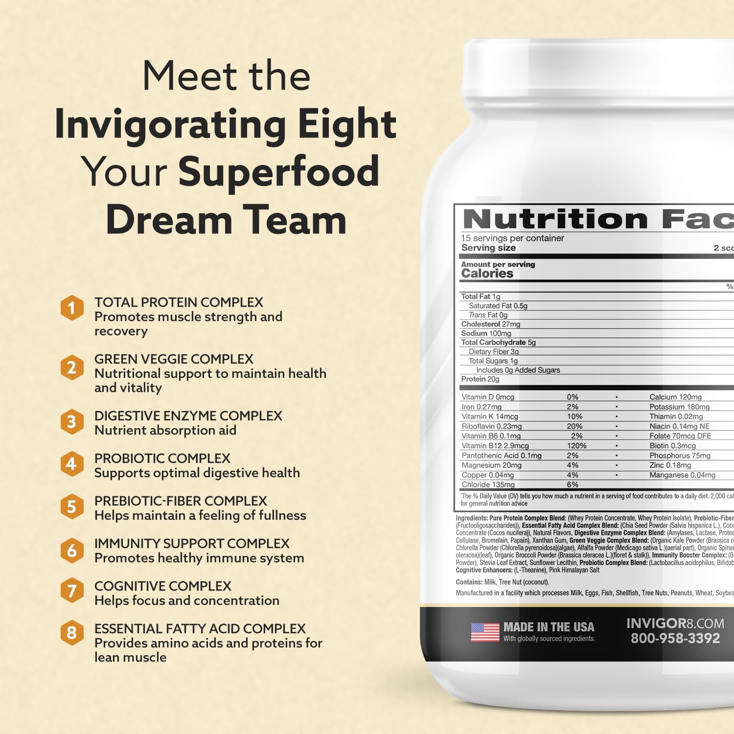 Superfood Grass Fed Whey Protein Isolate Shake Chocolate Brownie Gluten-Free and Non GMO Meal Replacement with Probiotics and Omega 3 (645g)