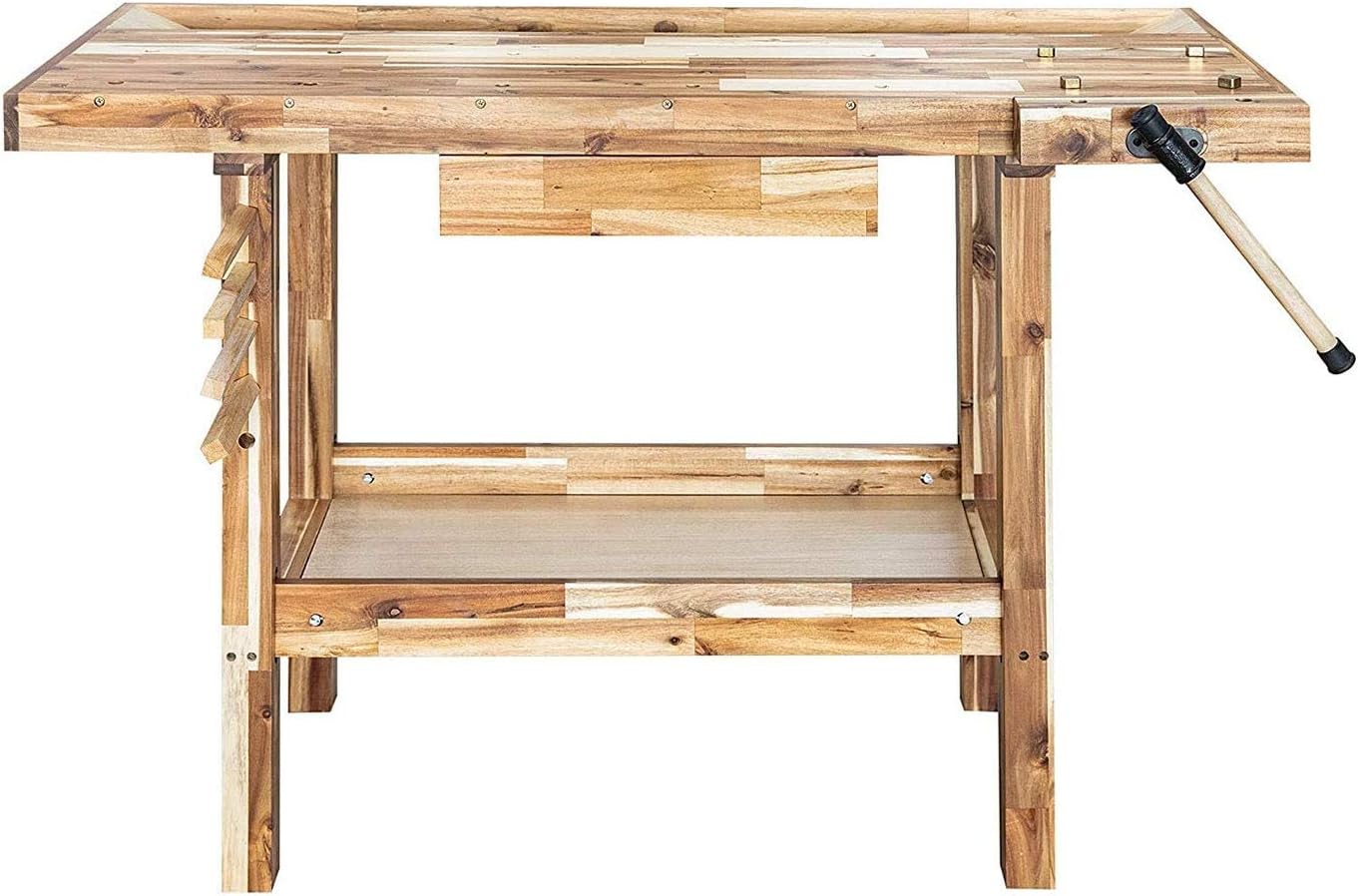 Olympia Tools 48 Inch Acacia Hardwood Woodworking Carpentry Work Bench Table with Built in Vise, Storage Drawer and Shelf, 330 Pound Capacity