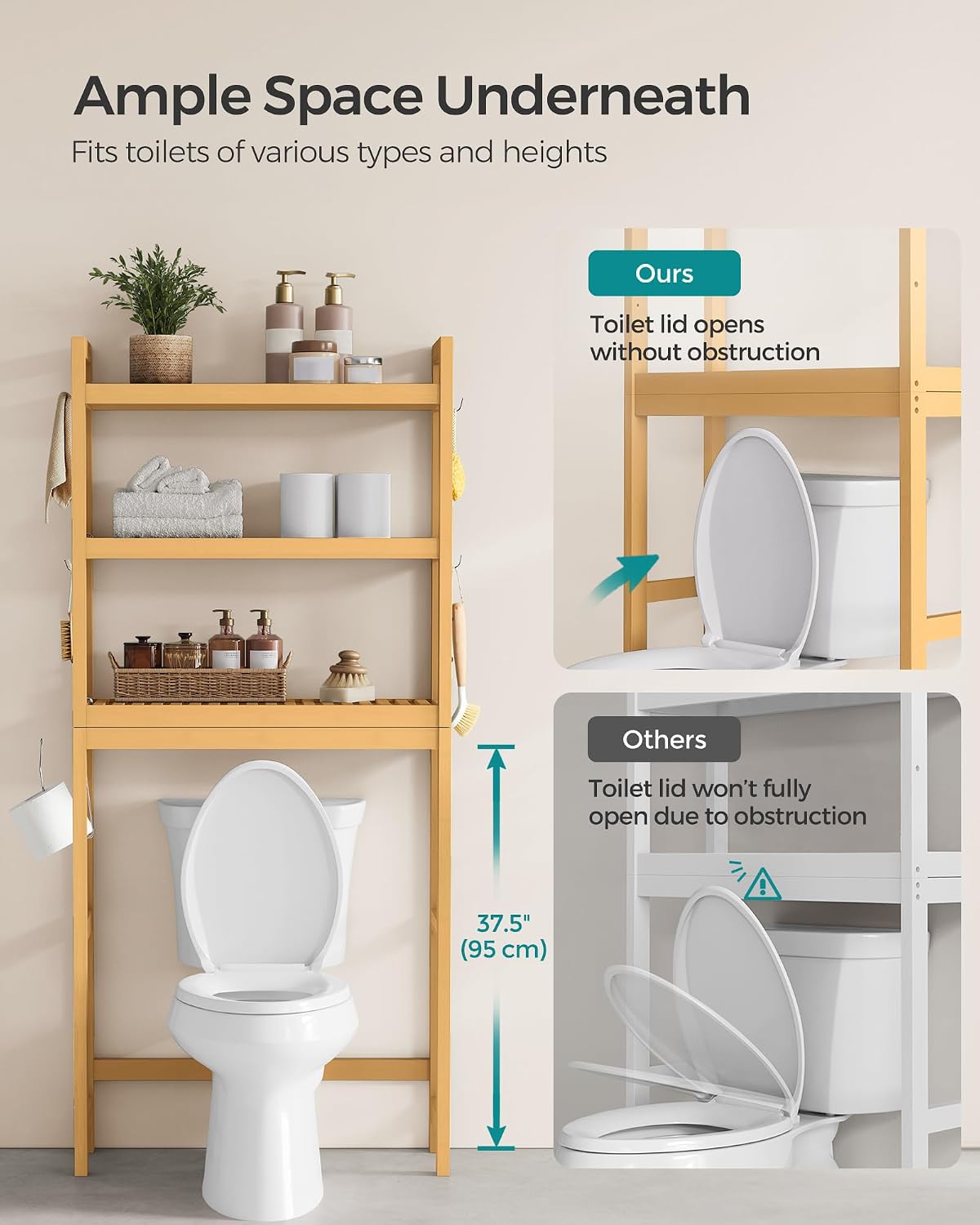 SONGMICS Over The Toilet Storage, 3-Tier Over Toilet Bathroom Organizer with Adjustable Shelf, 10.2 x 24.8 x 66.9 Inches, Space-Saving, Cloud White UBTS01WT