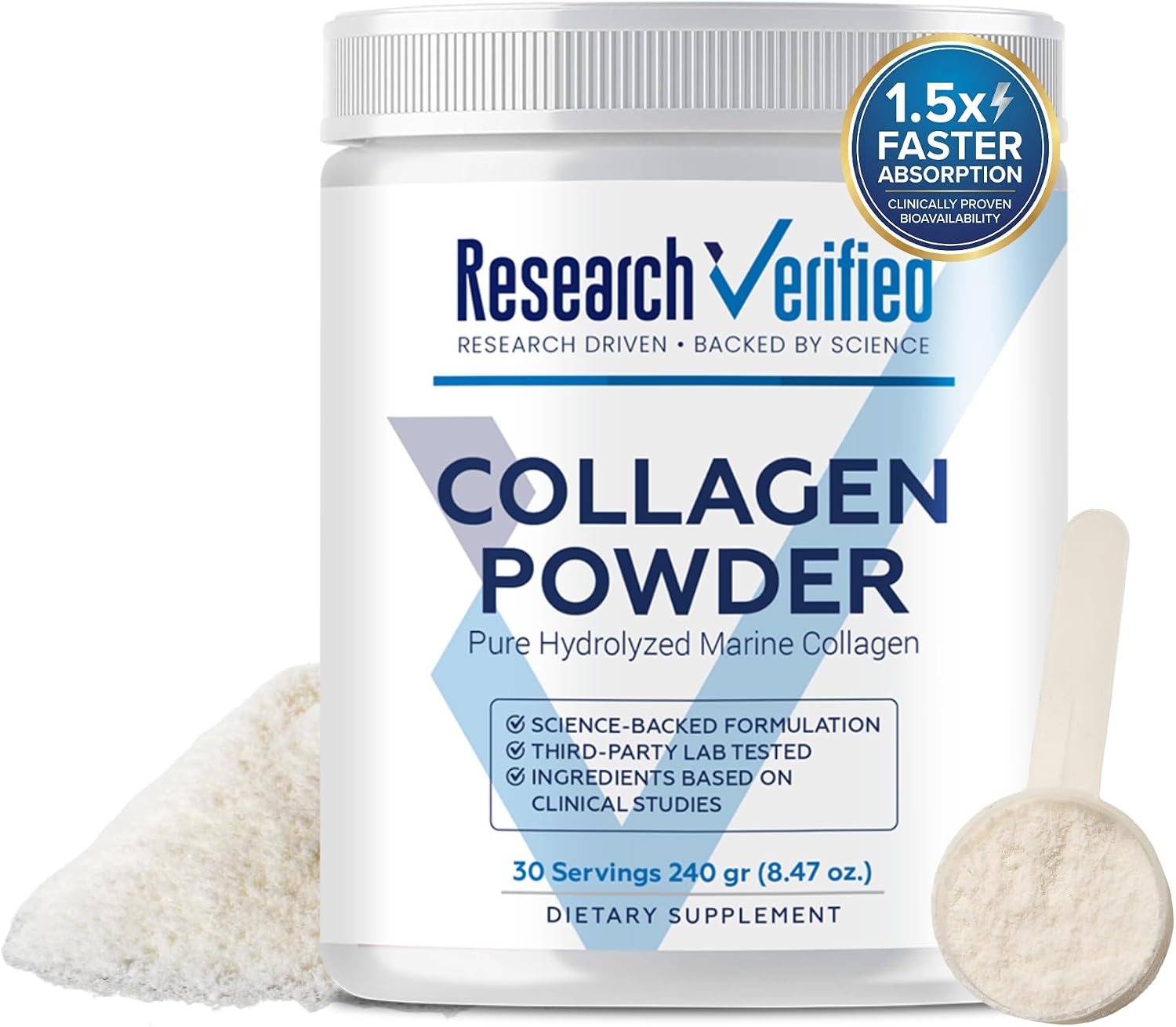 Research Verified® Collagen Powder - Hydrolyzed Marine Collagen Peptides - Unflavored - Skin Hydration and Elasticity, Muscle Recovery