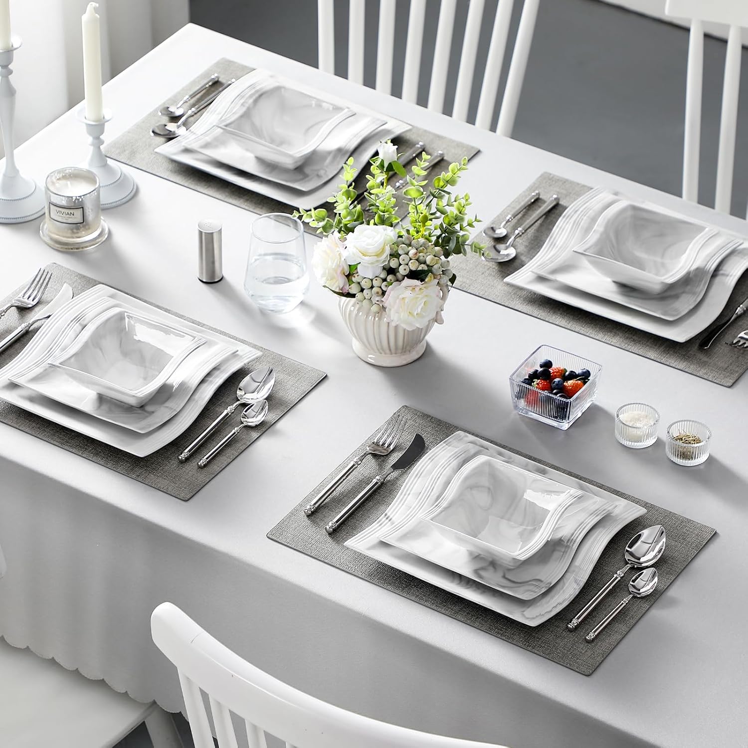 MALACASA Plates and Bowls Sets, 26 Pieces Ivory White Porcelain Dinnerware Sets without Mugs, Square Dinnerware with Dinner Plates, Bowls and Serving Platters, Modern Dish Set for 6, Series Flora