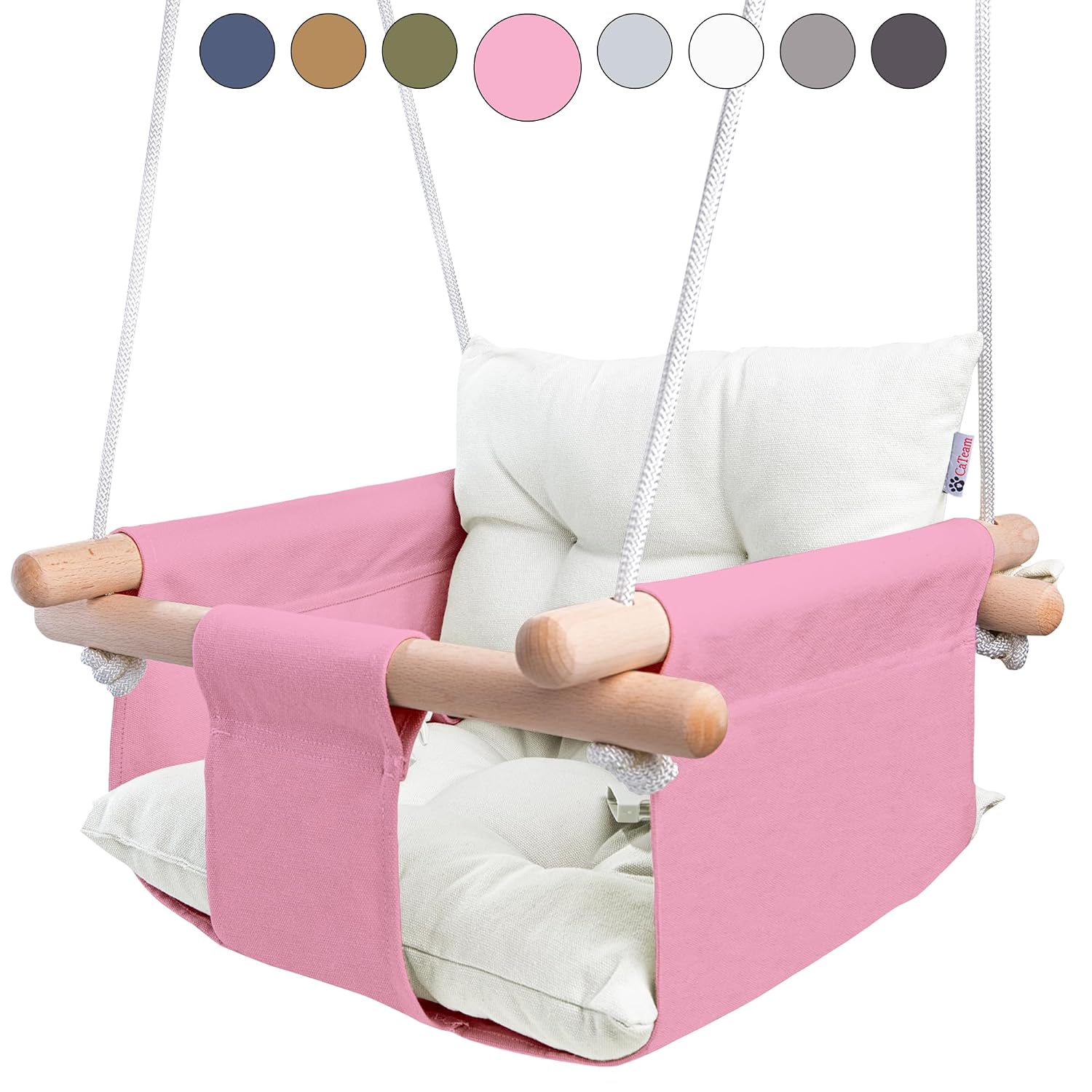 CaTeam Canvas Baby Swing Seat with 5-Point Safety Belt — Wooden Hanging Toddler Swing, Indoor & Outdoor, Ages 1-4, Ceiling Mount Hardware Included