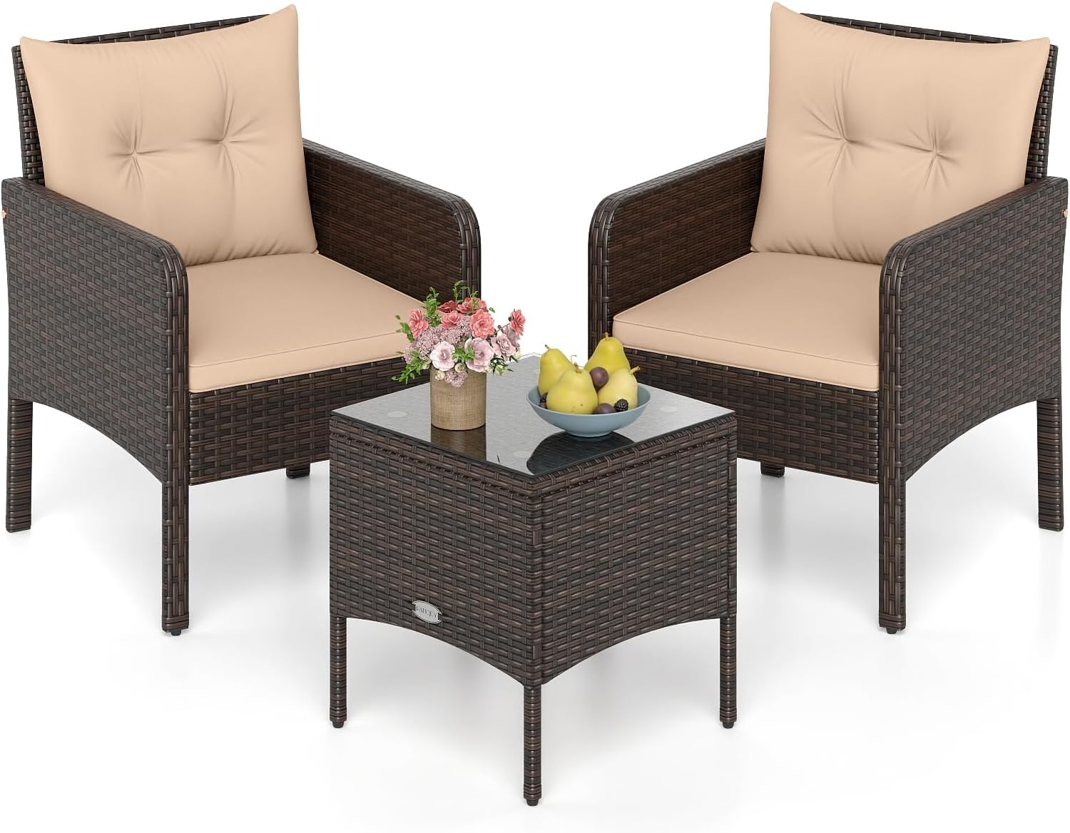 Tangkula 3 Piece Outdoor Patio Furniture Set, Wicker Chairs Set with Glass Top Coffee Table, Thick Cushions