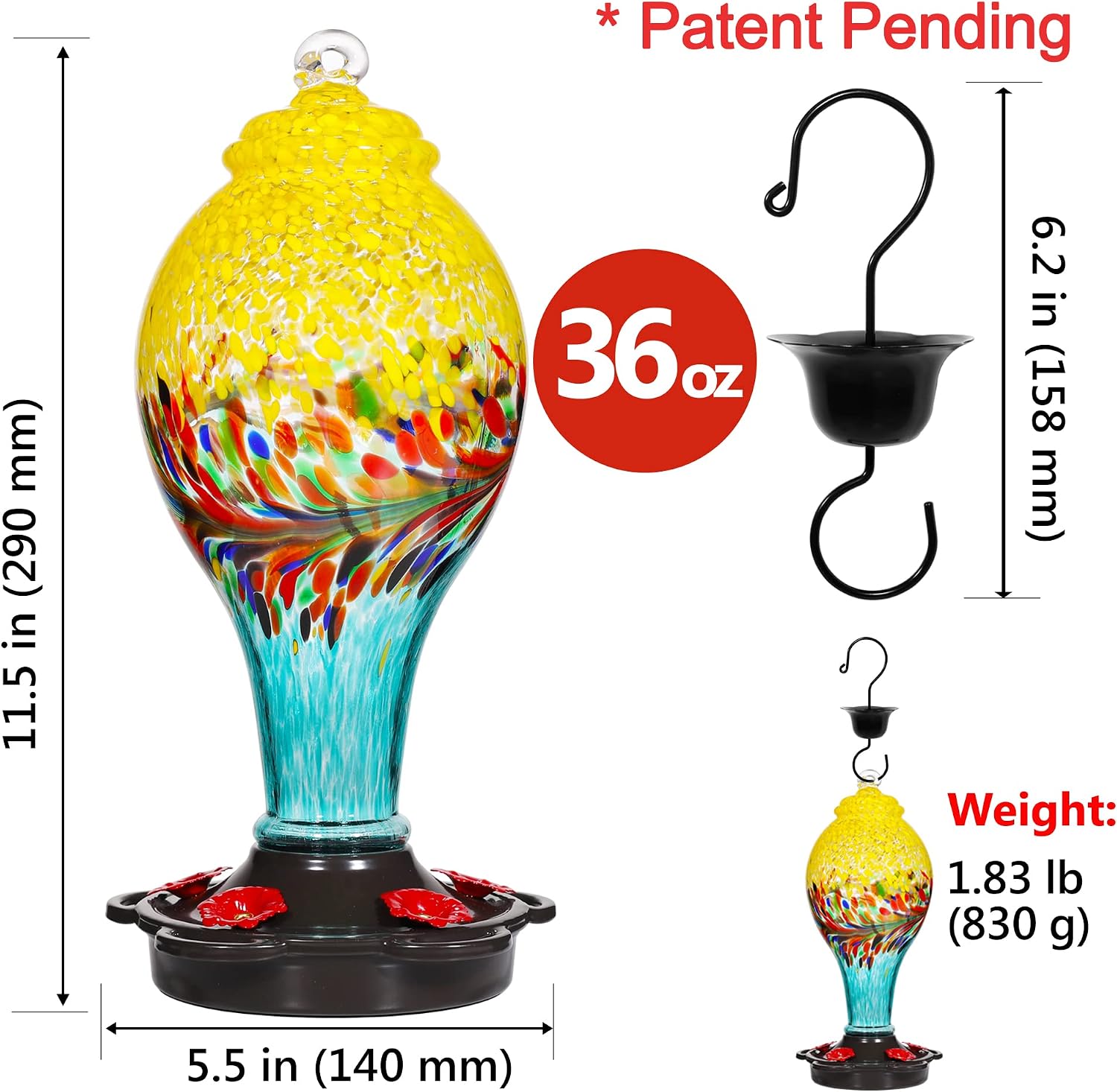 LUJII Hummingbird Feeder, Hand Blown Glass Hummingbird Feeder, Never Fade, 36 Fluid Ounces, 5 Feeding Metal Stations, Much Bigger, Garden Backyard Decorative, Containing Ant Moat (Blue)