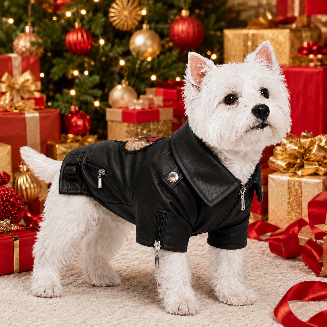 Lovelonglong Cool Dog Leather Jacket, Warm Coats Dogs Windproof Cold Weather Coats for Large Medium Small Dogs with Eagle Embroidery Black XS