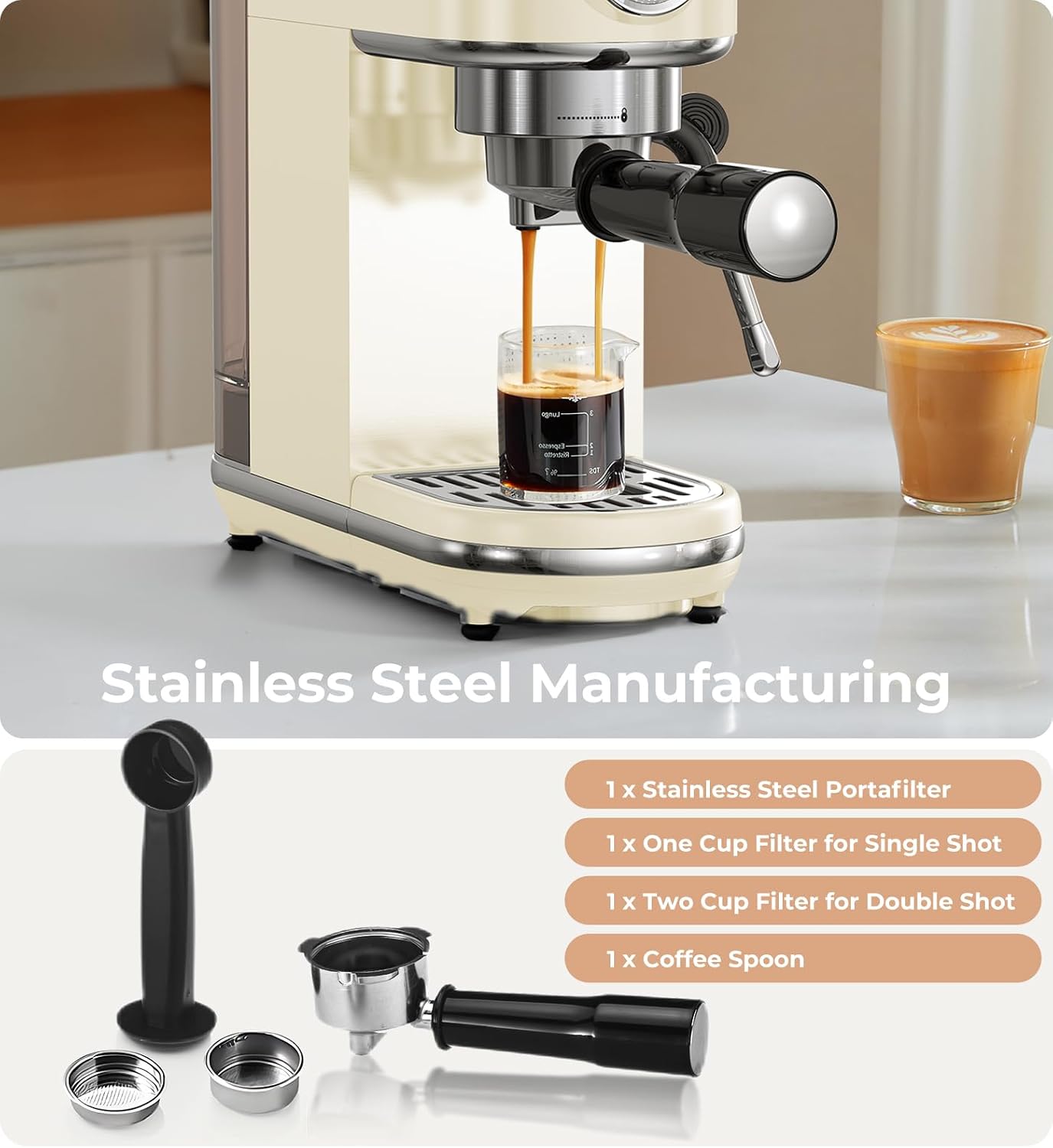 atatix 20 Bar Espresso Machine with Milk Frother, Compact Espresso Maker | Stainless Steel Coffee Machine with Precise Temp Control, 44oz Removable Water Tank for Latte, Cappuccino, White