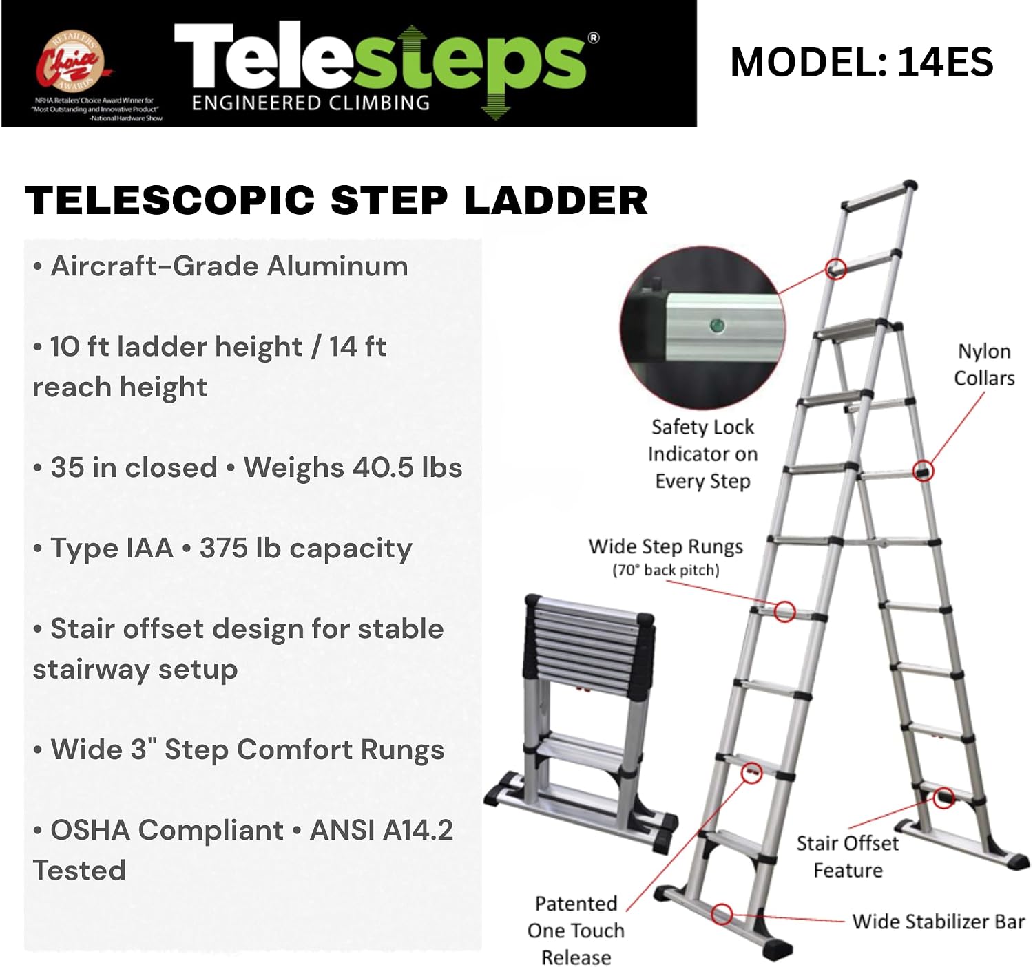 Telesteps 14ES Telescoping A-Frame Ladder – 10 ft Height, 14 ft Reach | Type 1AA 375 lb Rated | One-Touch Folding Aluminum Ladder with Stair Offset