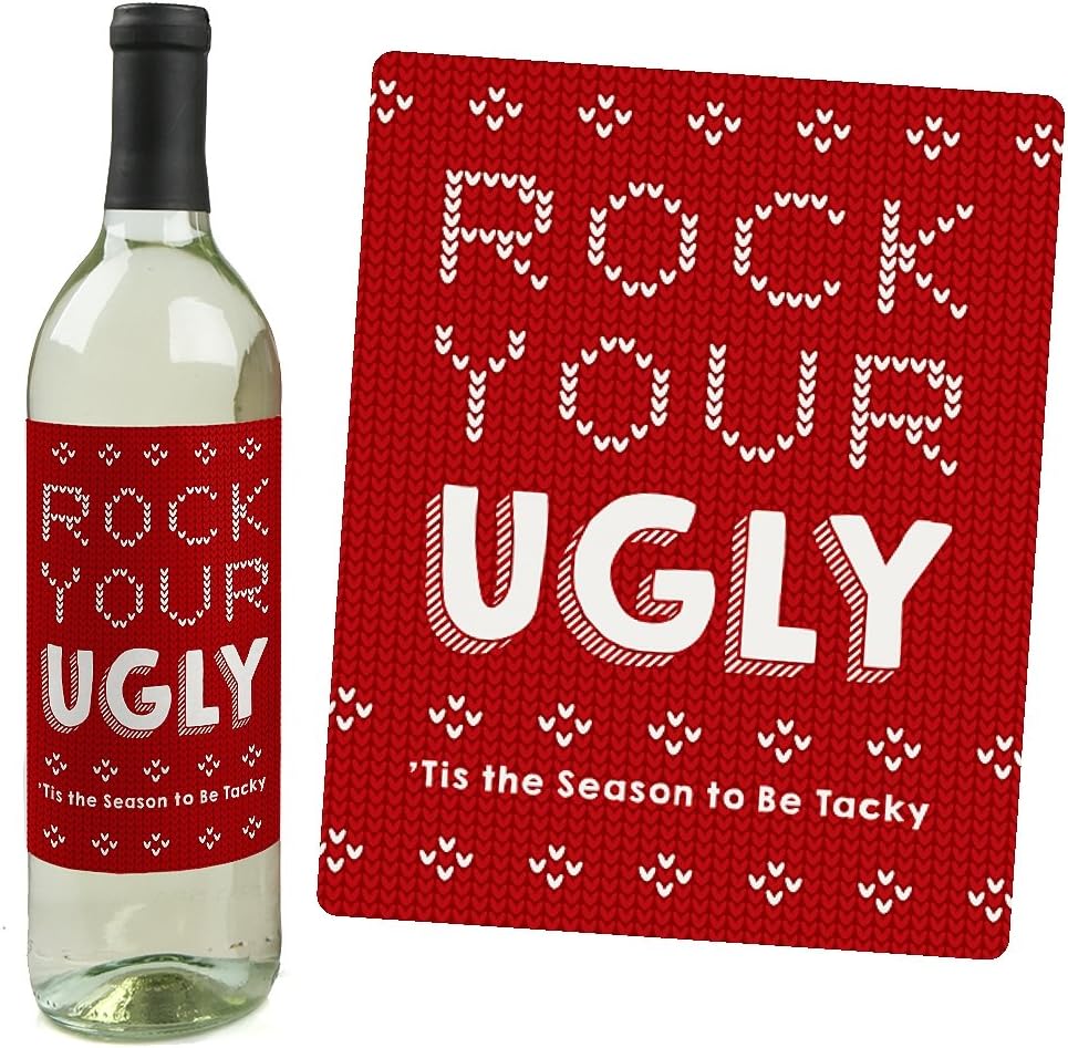 Big Dot of Happiness Ugly Sweater - Holiday and Christmas Wine Bottle Label Stickers - Set of 4
