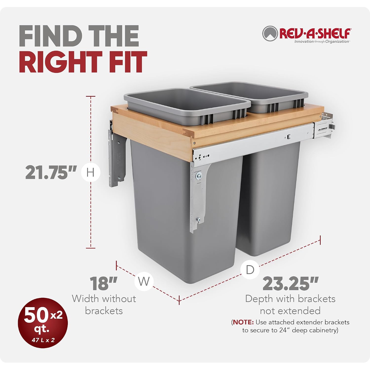 Rev-A-Shelf Top Mount Double Pullout Under Cabinet 50 Quart Kitchen Trash Cans w/Soft-Close for Full Height Cabinet, 150 Pound Rated Full-Extension Slides, 4WCTM-2150BBSCDM-2