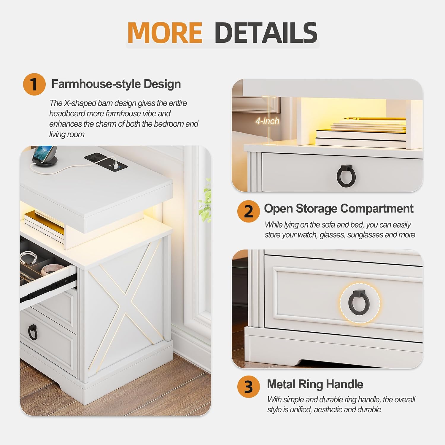 Lockable Night Stand with Gun Drawer,Charging Station,LED Lights,White | LED Nightstand with Charging Station,Farmhouse Bedside Table with 3-Color Light,End Table with 3 Drawers,Bedroom