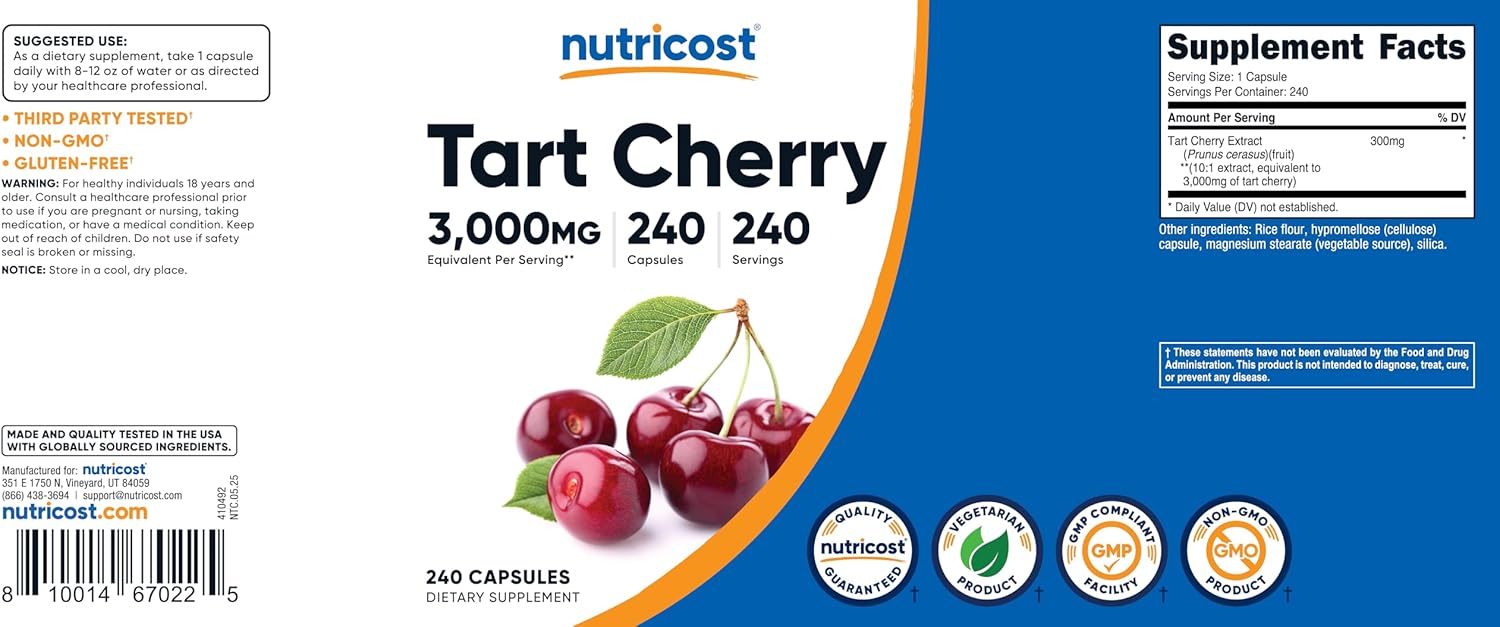 Nutricost Tart Cherry Extract 240 Vegetarian Capsules, Gluten-Free | 240 Servings per Bottle, GMO-Free