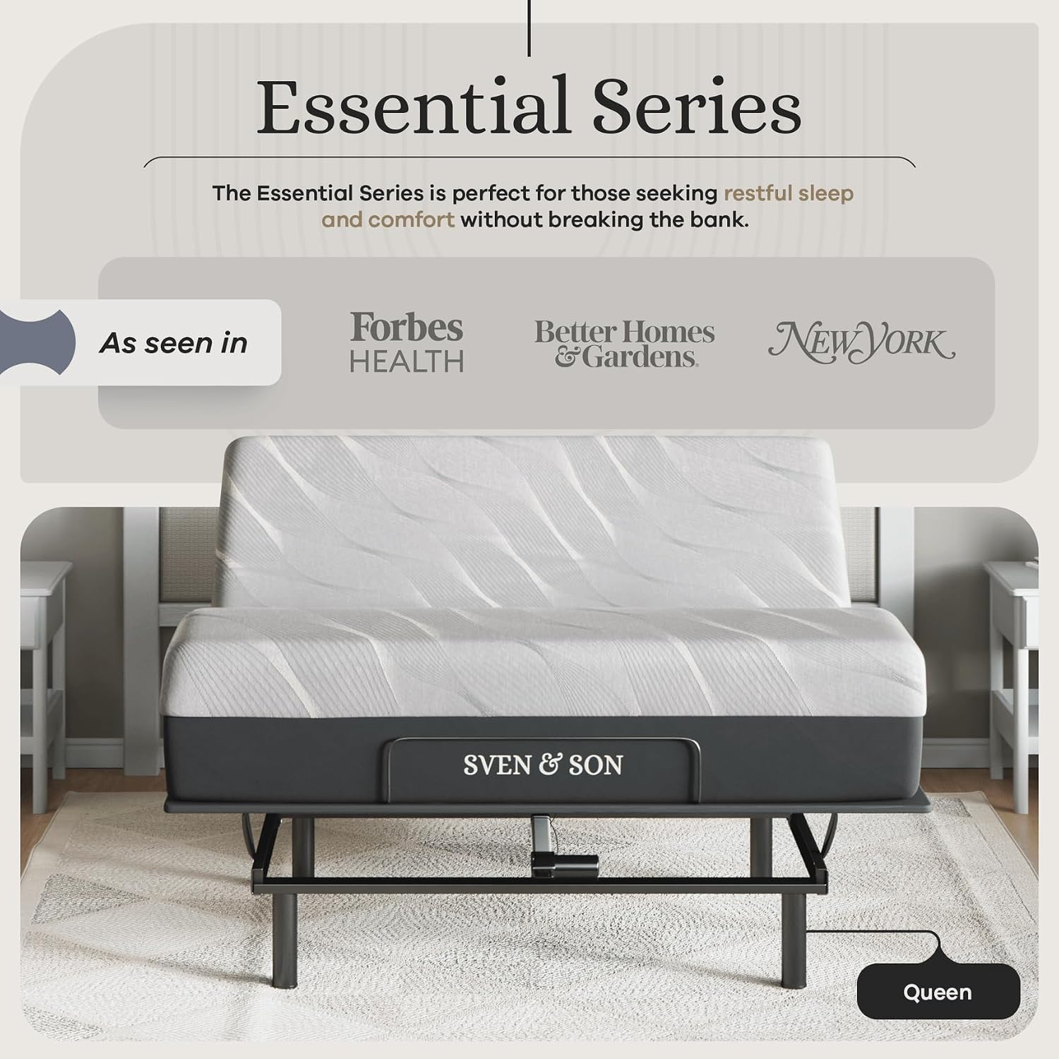 Sven and Son Essential Adjustable Bed Base (Frame) + 12 inch Memory Foam Matt (Medium), Easy Assembly, Head and Foot Lift, Memory Positions