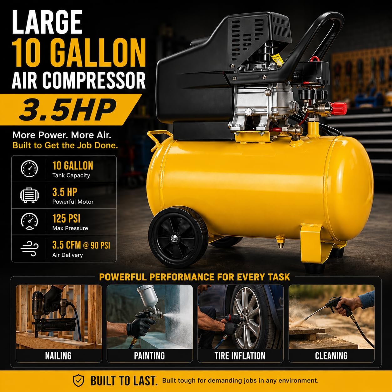 Stark USA 3.5HP 10 Gallons Air Compressor Tank Ultra Quiet Horizontal Tank Adjustable Pressure Ideal for DIY, Home & Garage Applications, 8.37 CFM