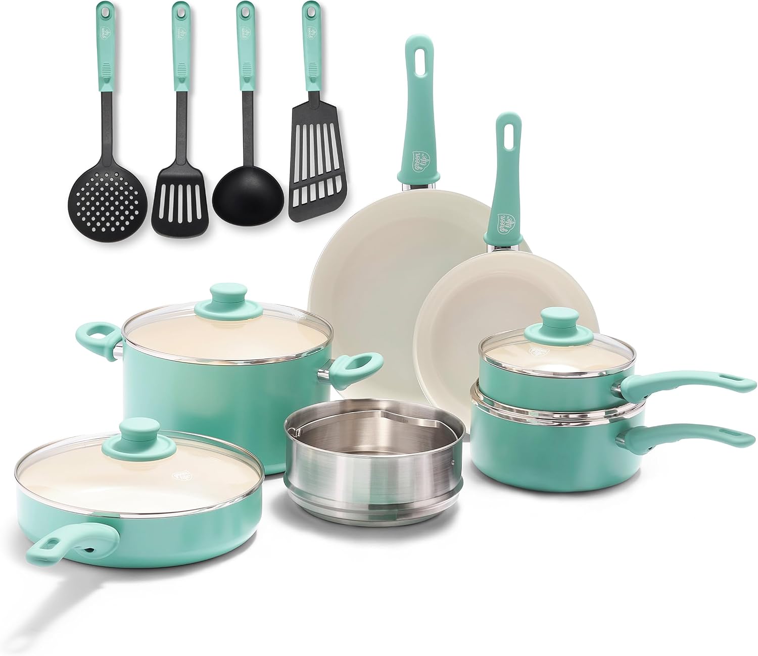 GreenLife Soft Grip Healthy Ceramic Nonstick, 15 Piece Cookware Pots and Pans Set, Induction, PFAS-Free, Dishwasher Safe, Turquoise