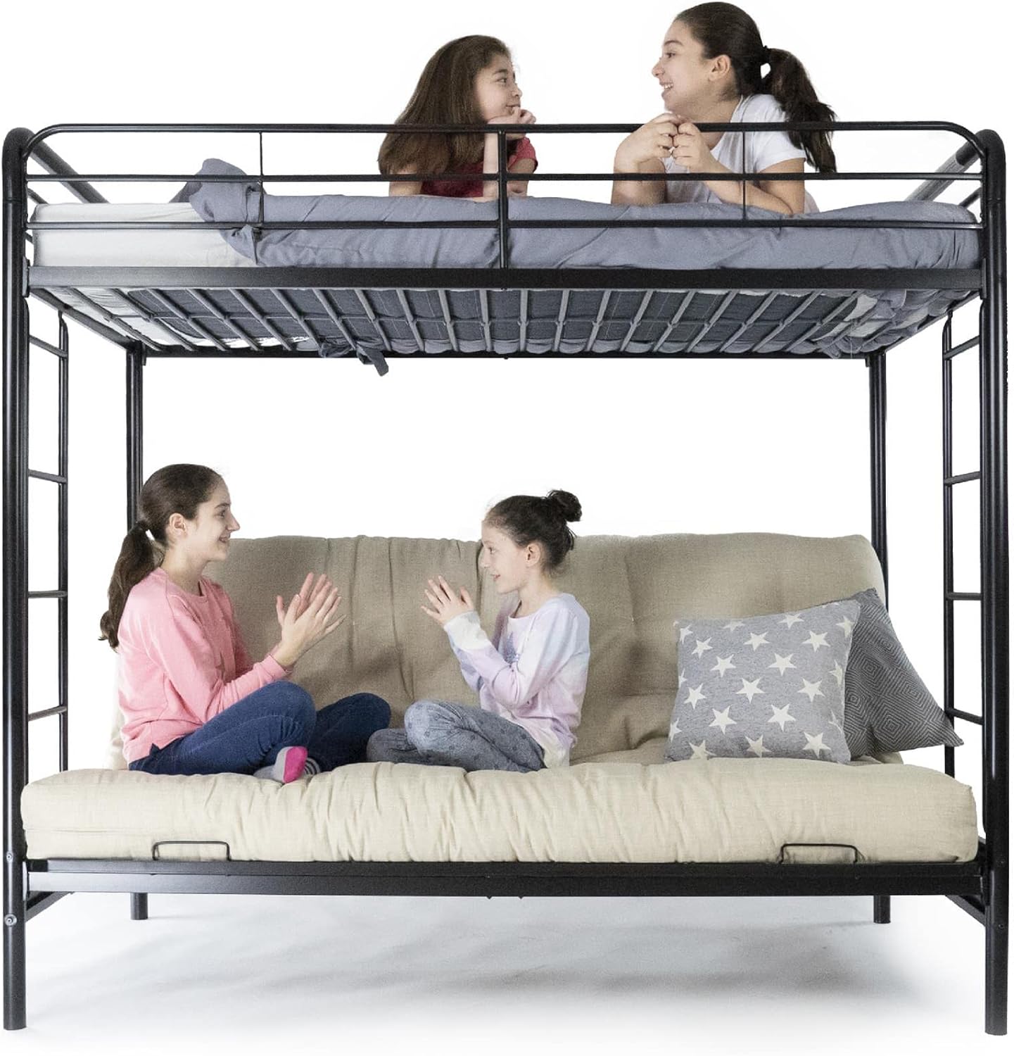 DHP Twin-Over-Futon Convertible Couch and Bed with Metal Frame, Ladder and Guardrails - Black