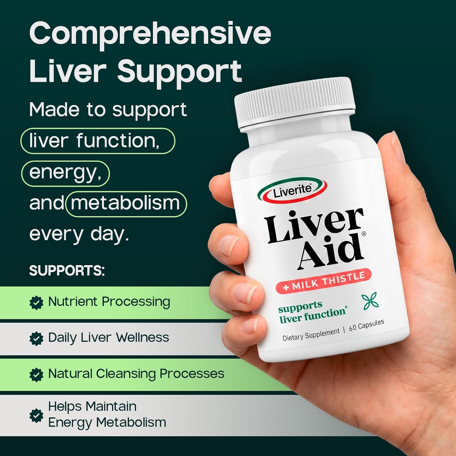 LIVERITE Liver Aid with Milk Thistle 60 Capsules, Liver Support Supplement with Amino Acids, Choline, Milk Thistle & Vitamin B12 – Supports Healthy Liver Function, Energy & Metabolism