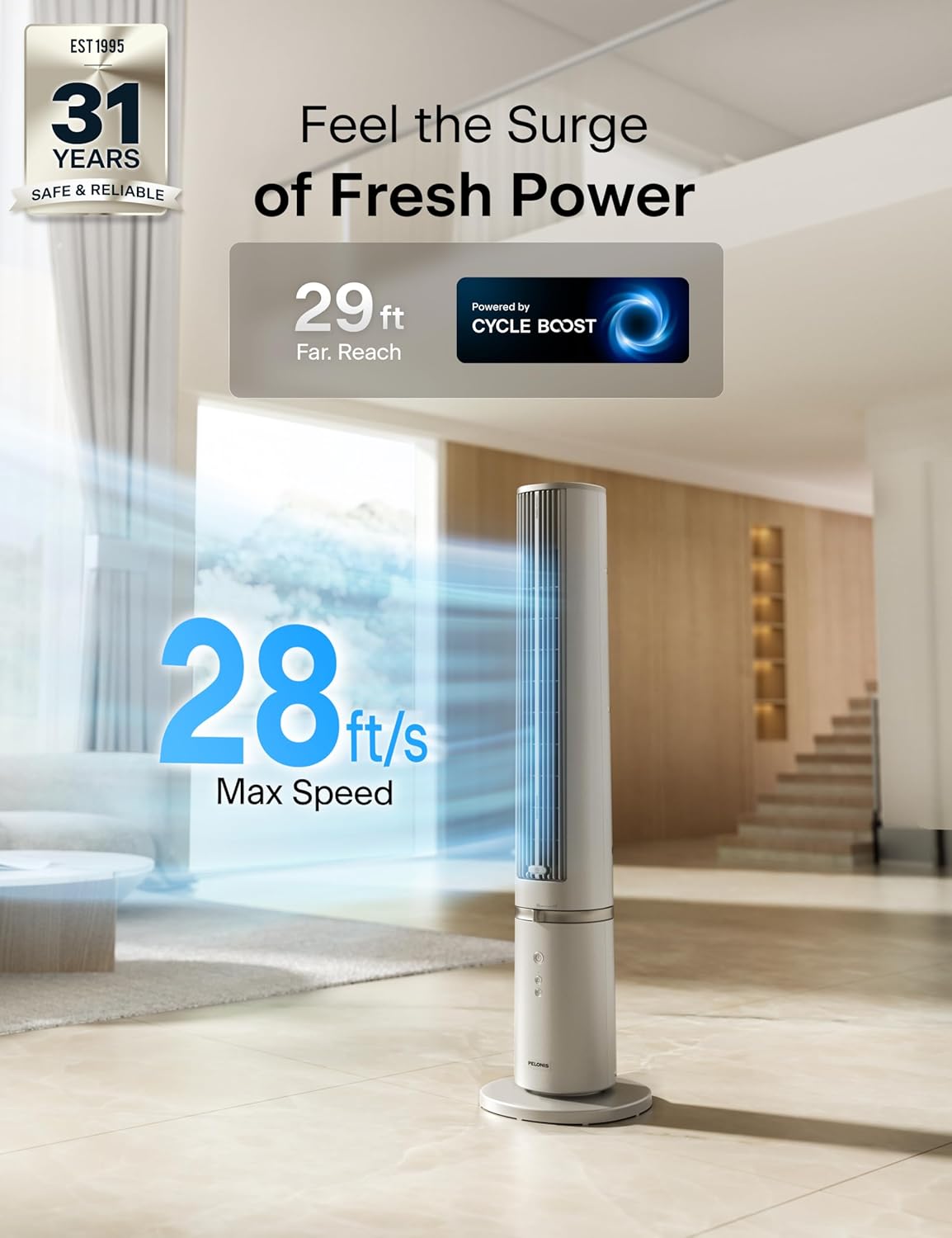 PELONIS 40-inch Bladeless Tower Fan for Bedroom, Standing Fan with Remote Control, 26ft/s, 90° Oscillation, 3 Speed Settings, 27 dB, 3 Modes