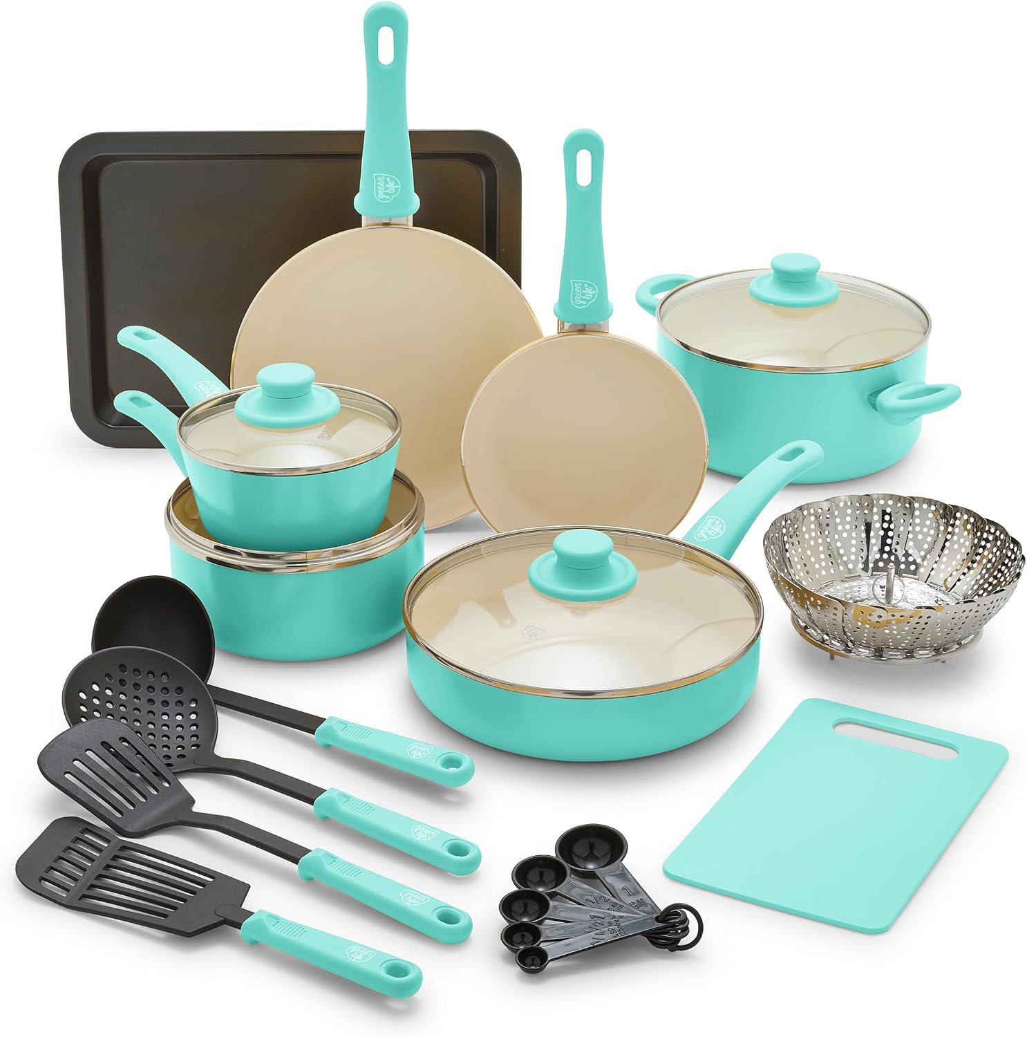 GreenLife Soft Grip Healthy Ceramic Nonstick, 15 Piece Cookware Pots and Pans Set, Induction, PFAS-Free, Dishwasher Safe, Turquoise