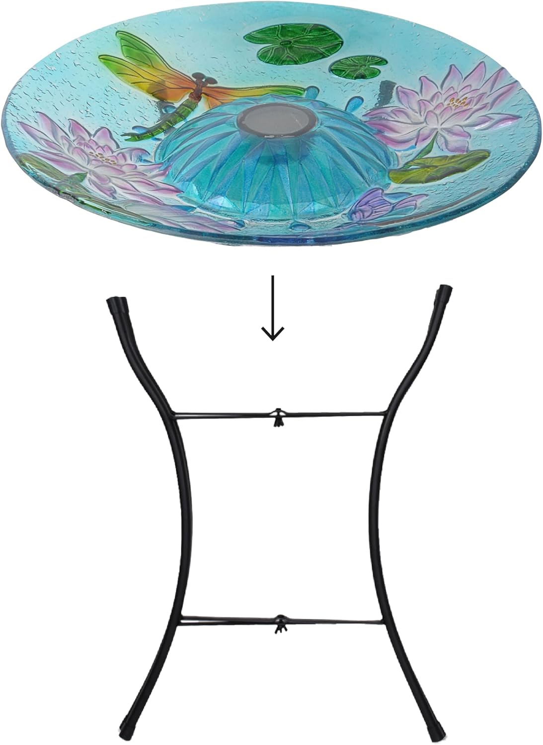 Teamson Home Handpainted Dragonfly Fusion Glass Solar Birdbath Bowl Feeder with LED Light for Outdoor Patio Garden Backyard Decking Decor