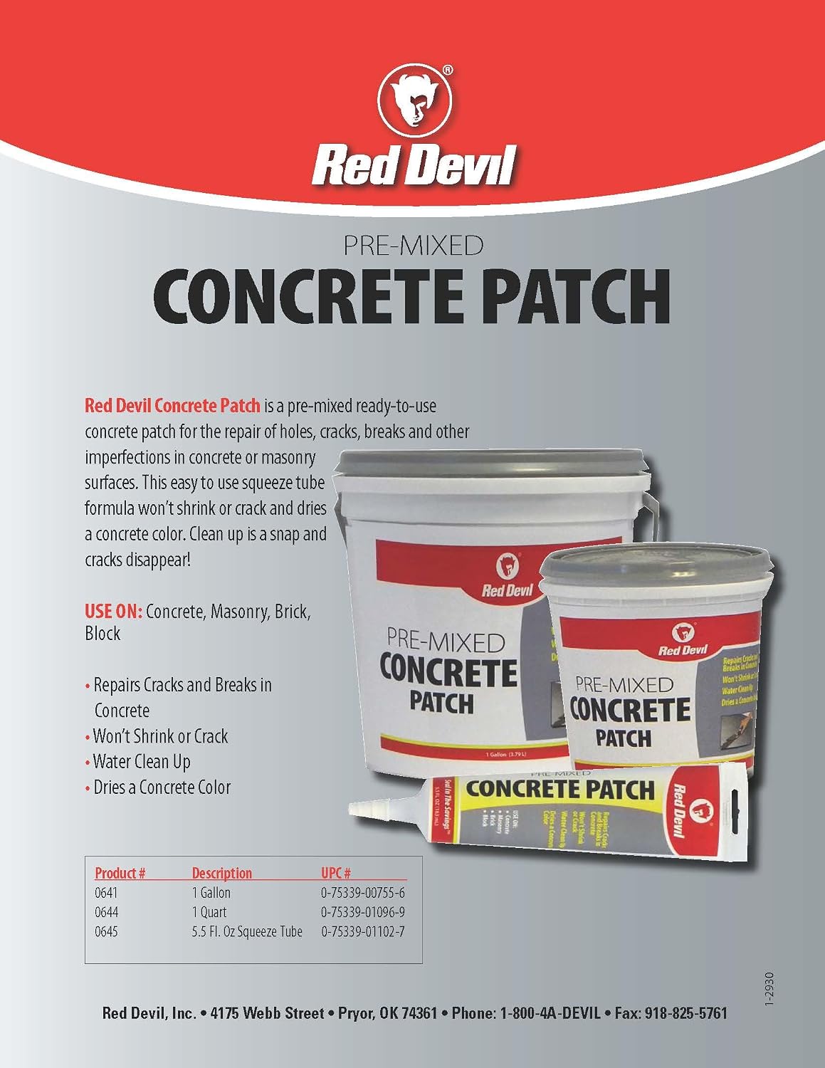 Red Devil 0645 Concrete Repair Patch, Cement Crack Filler, 5.5 Oz Squeeze Tube, Pre-Mixed, Pack of 1, Gray, Made in USA