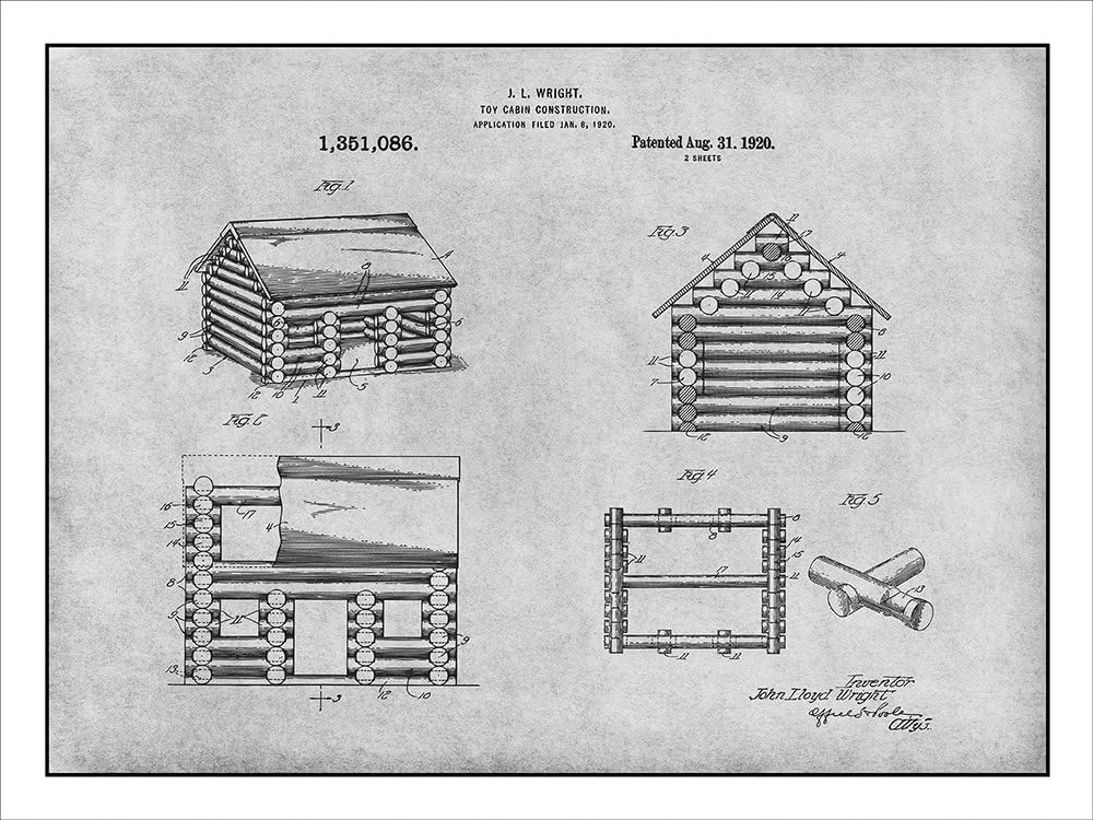 Studio 21 Graphix 1920 Lincoln Logs Construction Set Patent Print Art Poster UNFRAMED Gray 18" X 24"