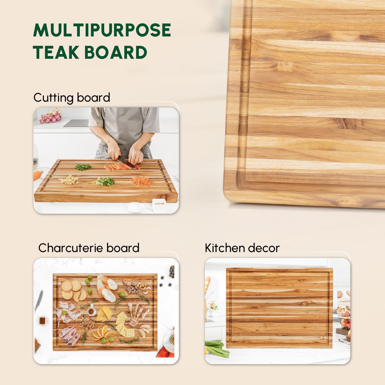 BEEFURNI Teak Wood Cutting Board with Hand Grip (20x15x1.25", M)