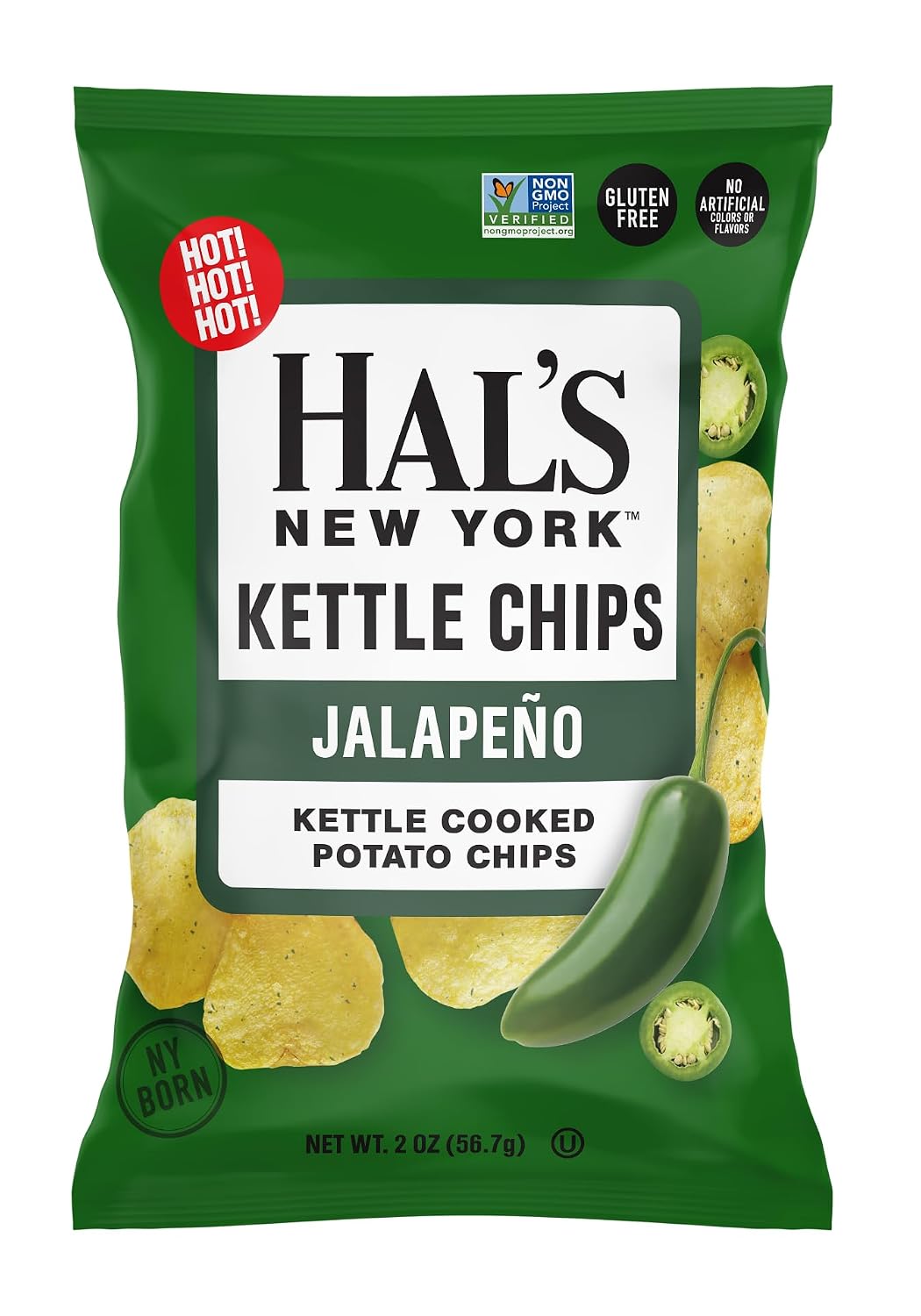 Hal's New York Kettle Cooked Gluten Free Jalapeno Flavored Potato Chip Crisps, 2 Oz (Pack of 24)