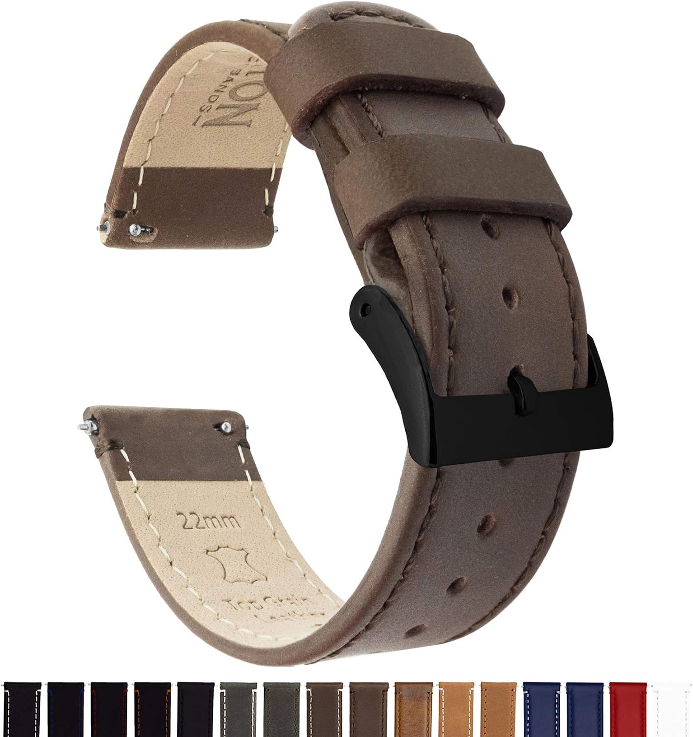 BARTON WATCH BANDS Quick Release Top Grain Leather Watch Band Strap, Saddle Leather/Saddle Stitching (Black Buckle), 22mm