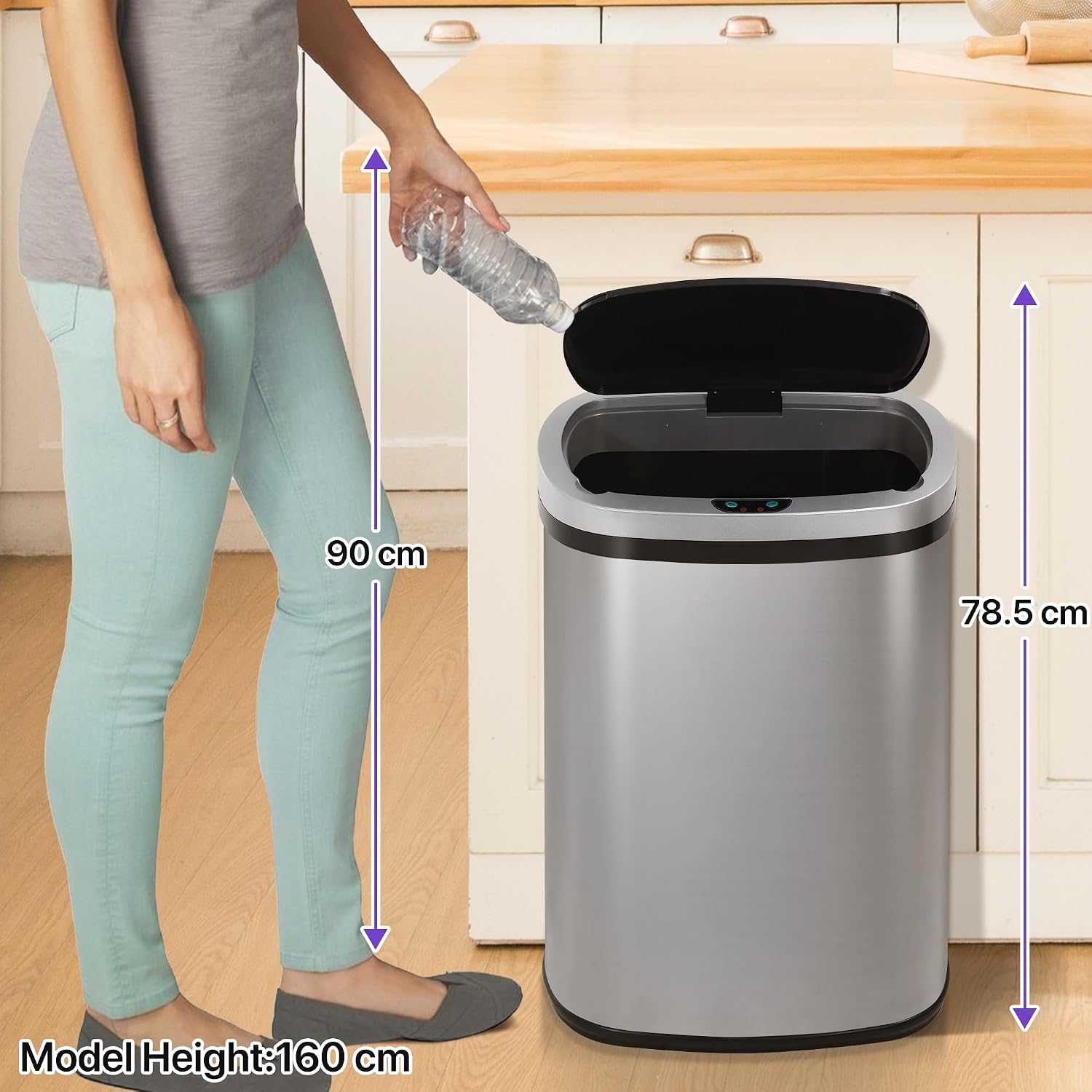 13 Gallon Touch-Free Automatic Stainless-Steel Trash Can Garbage Can Metal Trash Bin with Lid for Kitchen Living Room Office Bathroom, Electronic Motion Sensor Automatic Closure & Opening