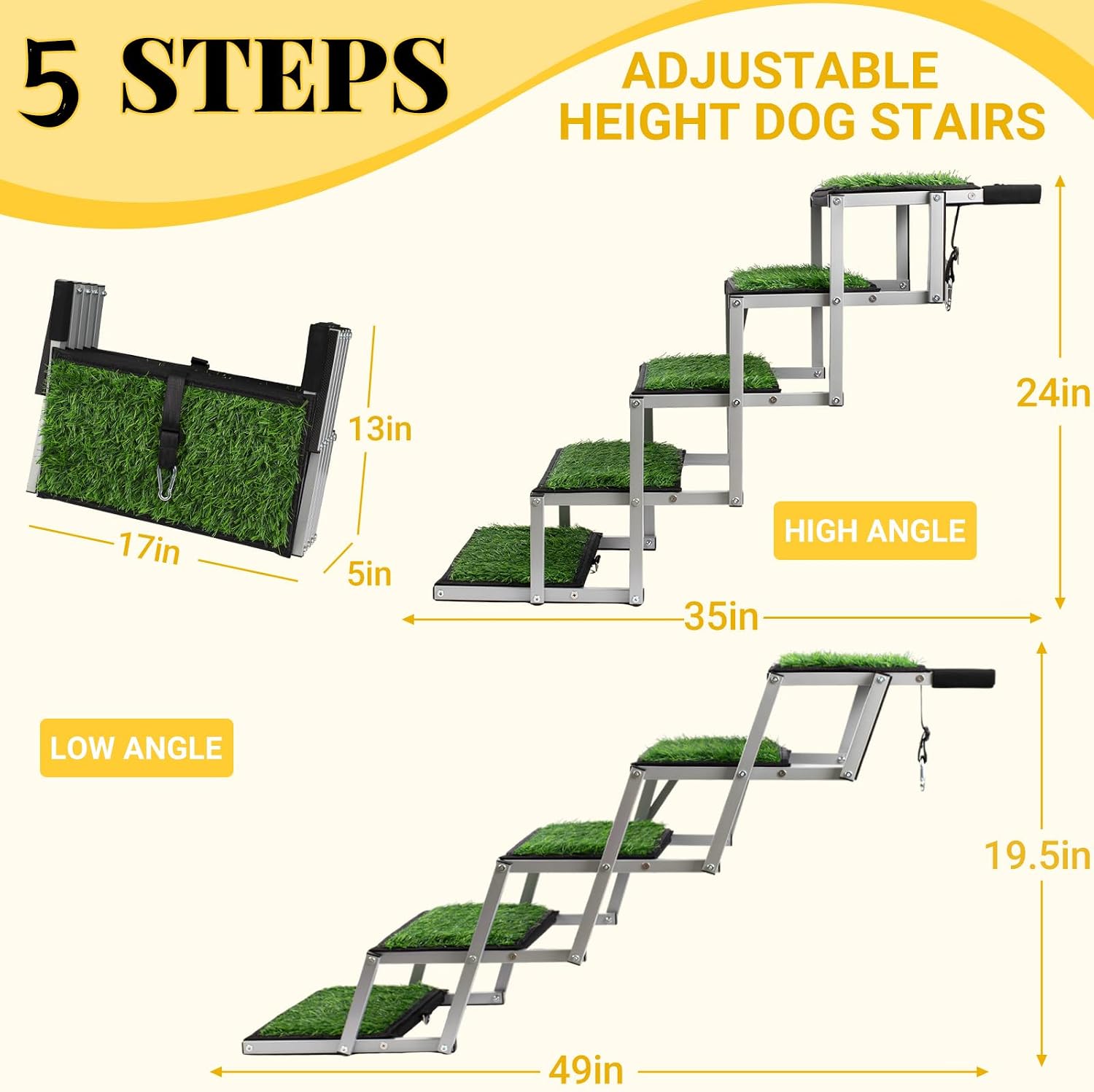 Foldable Dog Stairs for Car,17" Extra Wide Pet Ramp for Large Dog,6 Steps | 17" Extra Wide 200LBS Capacity Lightweight Portable Reinforced Pet Ramp for SUV Truck High Bed