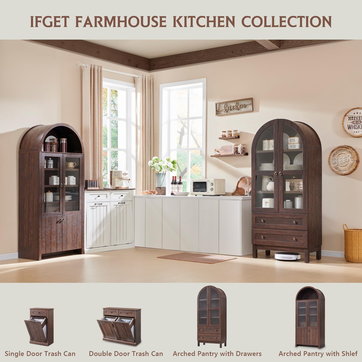 IFGET 71" Tall Arched Kitchen Pantry, Modern Farmhouse Wood Kitchens Storage Cabinets with 2 Large Drawers and Adjustable Shelves, Versatile Cupboard for Kitchen, Dining Room, Bathroom, Natrual