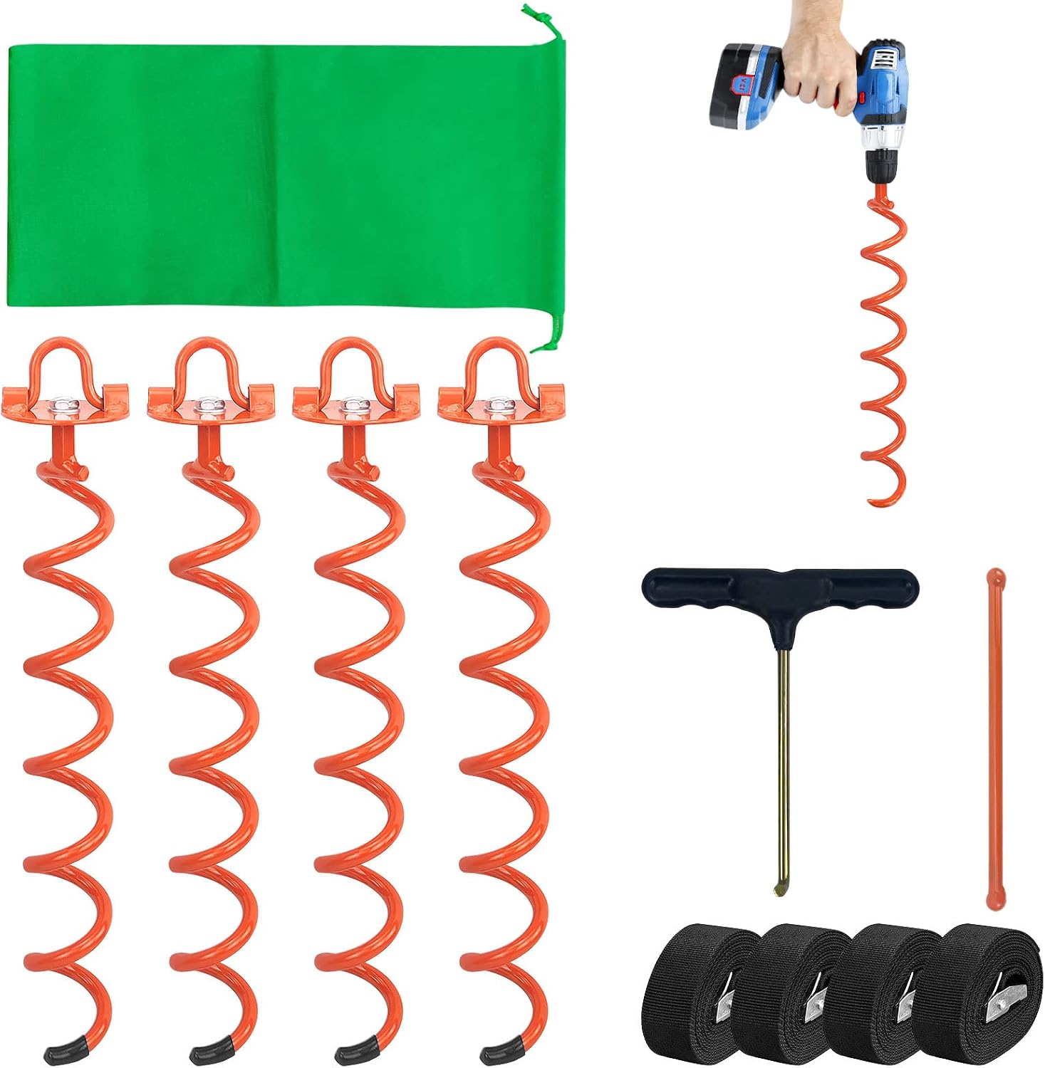 MIXXIDEA 11.4 Inch Gound Anchors Screw in, Metal Spiral Earth Anchors Kit, Heavy Duty Folding Ring Spiral Stake, Silver Ground Stakes for Tent