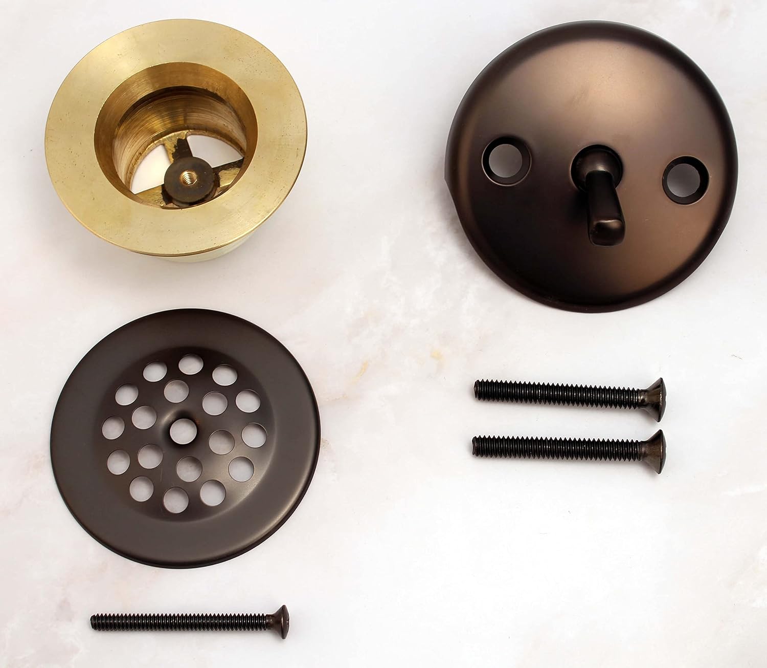 Trip Lever Bathtub Drain Trim Kit, Oil Rubbed Bronze | Fits 1-1/2" & 1-7/8" drain threads, adapter included. 2-hole faceplate, grid strainer
