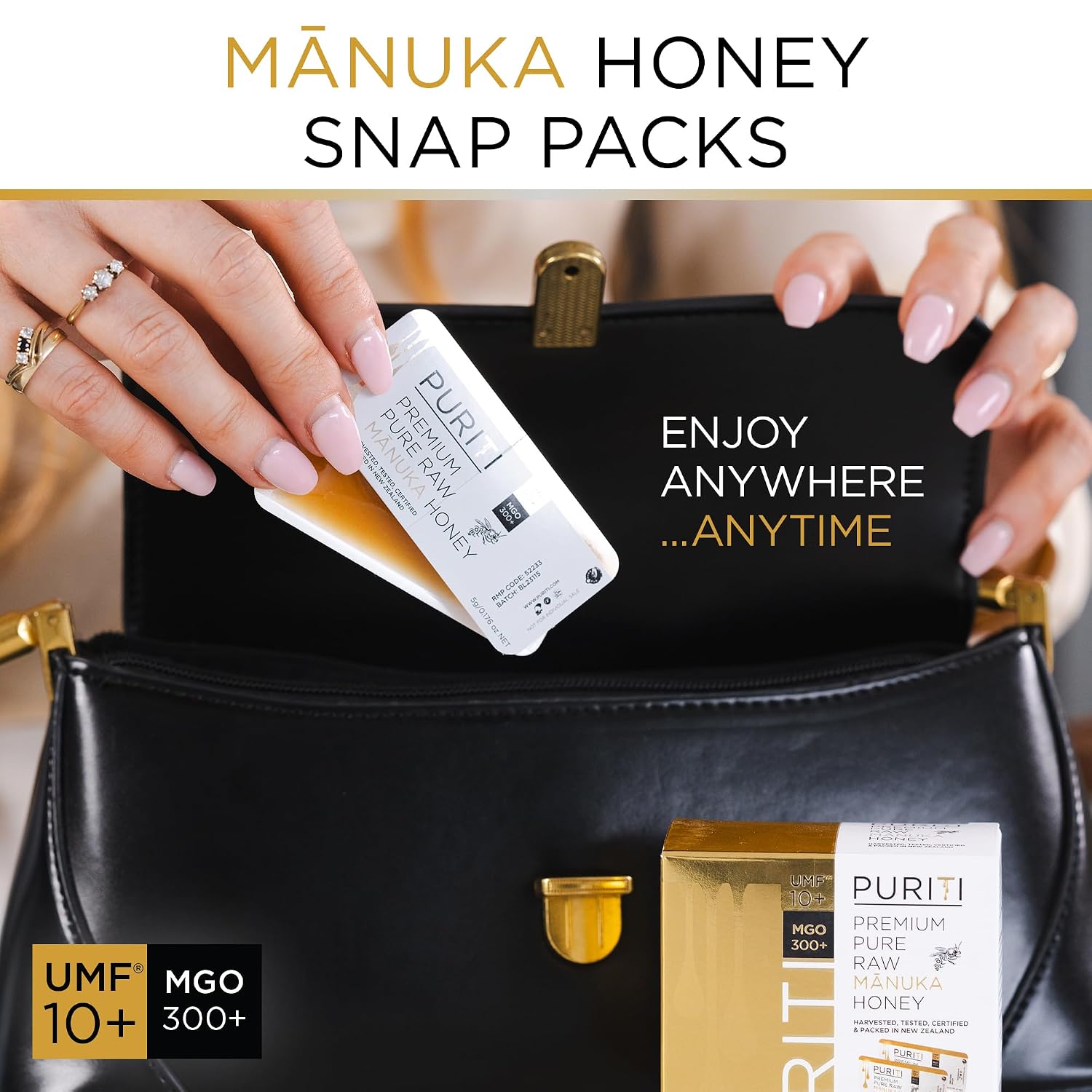 PURITI Genuine Raw Manuka Honey Snaps On The Go - UMF 10+ (MGO300+) 21 x 0.18oz Individual Snap Packets, Single Serve Honey Sticks for Tea