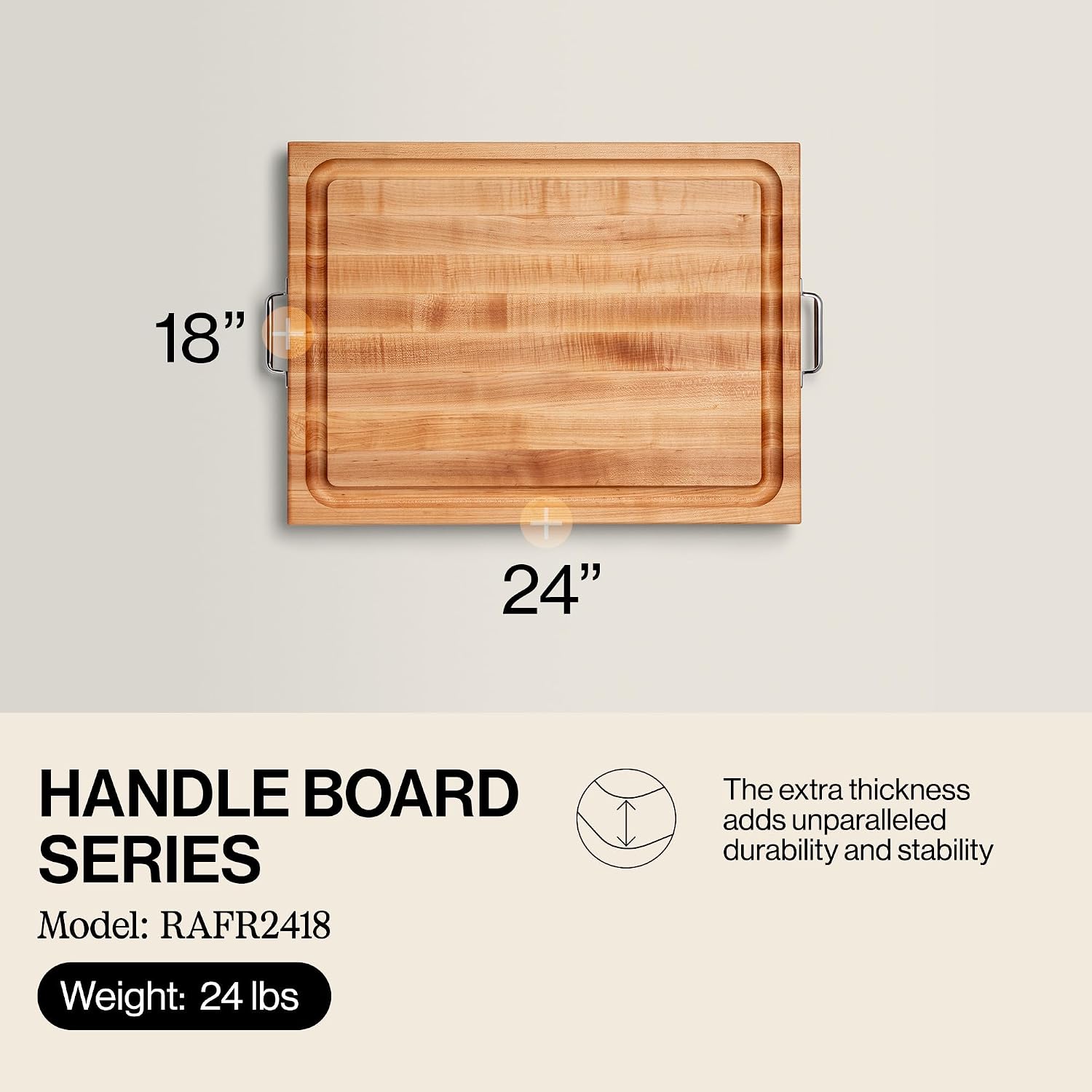 John Boos Handle Boards Series Rectangular Wooden Maple Cutting Board 24”x18” – 2.25” Thick, 30-lb Reversible Butcher Block with Juice Groove, Edge-Grain & Metal Handles