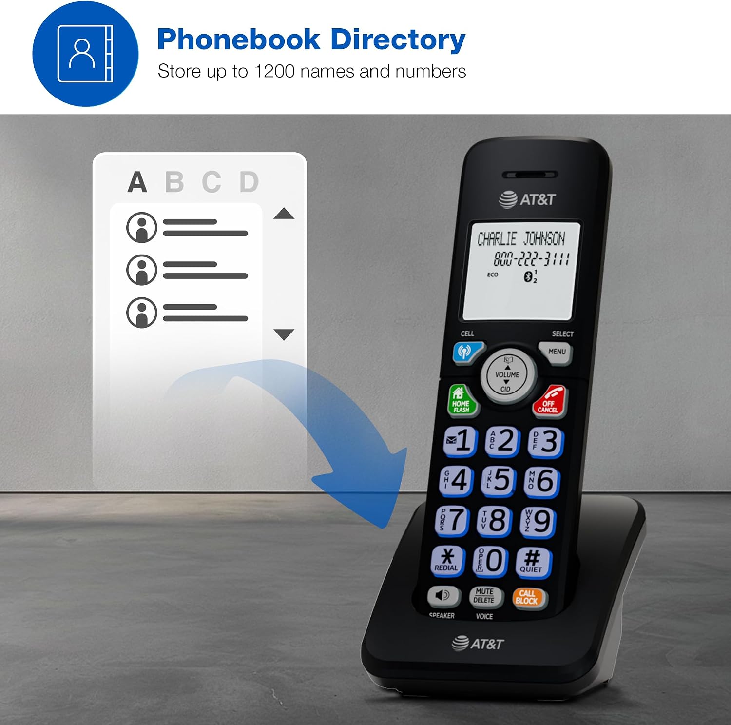 AT&T DL72219 DECT 6.0 2-Handset Cordless Phone for Home with Connect to Cell, Call Blocking, 1.8" Backlit Screen, Big Buttons, intercom
