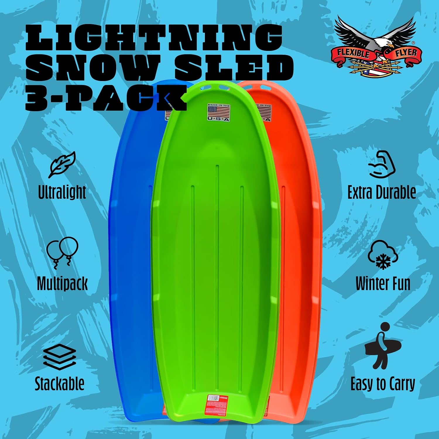 Flexible Flyer Winter Lightning Snow Sleds for Kids and Adults (3-Pack) - 48 Inch Toboggan Style Plastic Sled with Hard Bottom for Fast