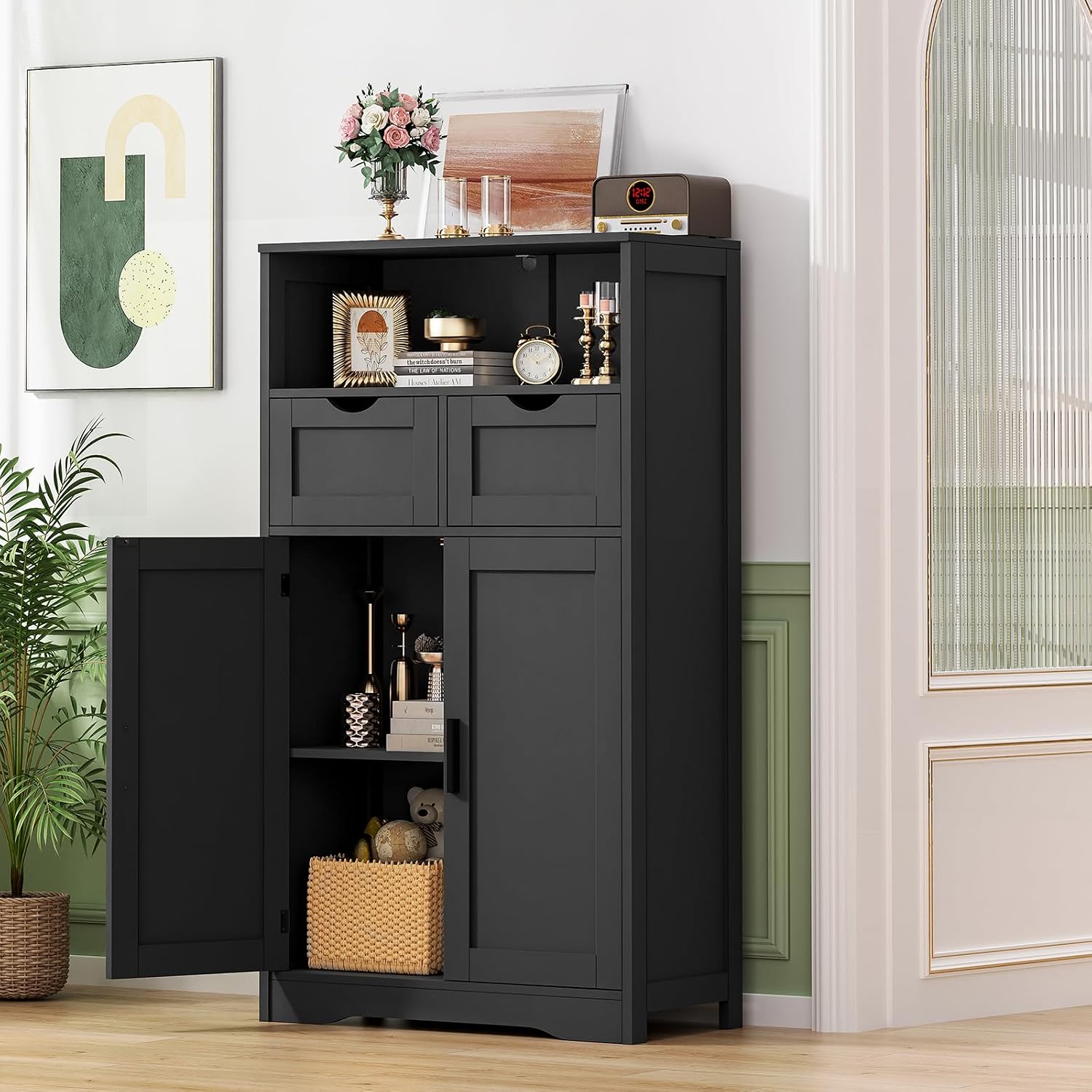 Iwell Storage Cabinet with 2 Drawers & Adjustable Shelves, Cupboard, Floor Cabinet for Living Room, Home Office, Rustic Brown