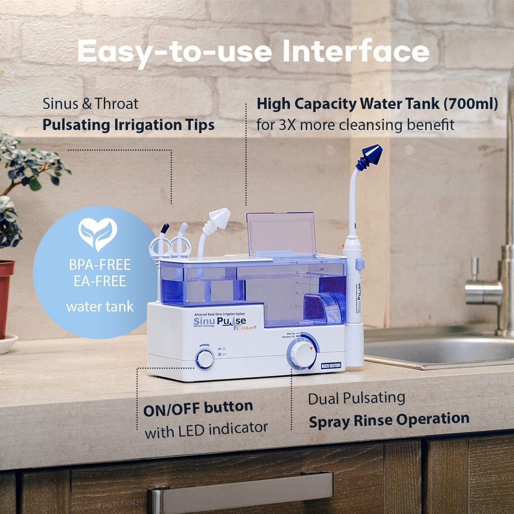 SinuPulse Elite Advanced Nasal Irrigation System, Pulsating Sinus Rinse Machine with 60 SinuAir Packets, Bonus Sinus Irrigator Tip, Travel Case