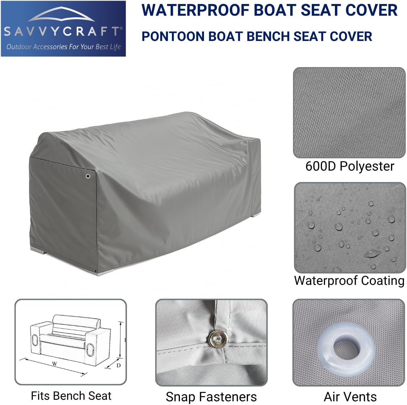SavvyCraft Waterproof Pontoon Lounge Seat Cover Marine Grade 23"Dx60"Wx30"H